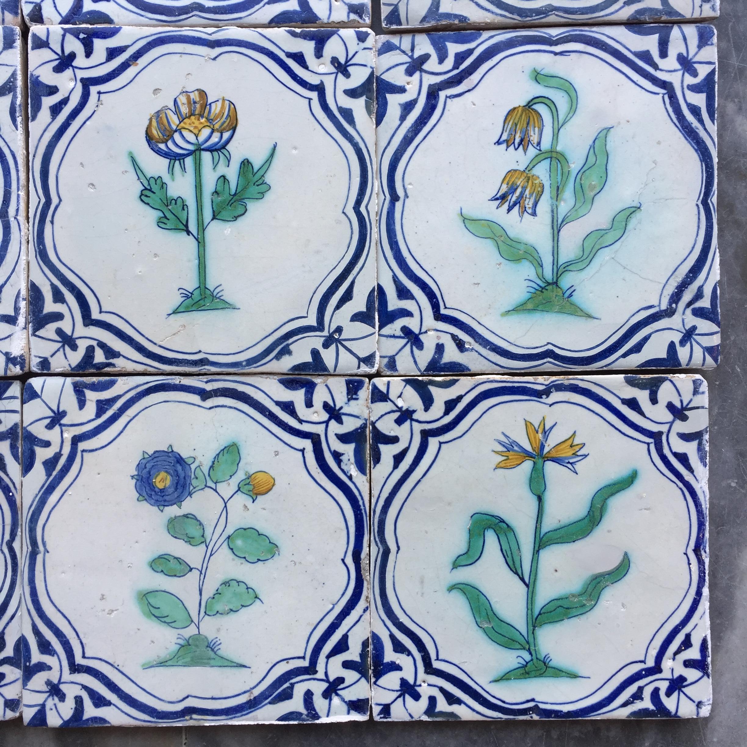 Important and Rare Set of Dutch Delft Tiles with Flowers, Early 17th Century 1