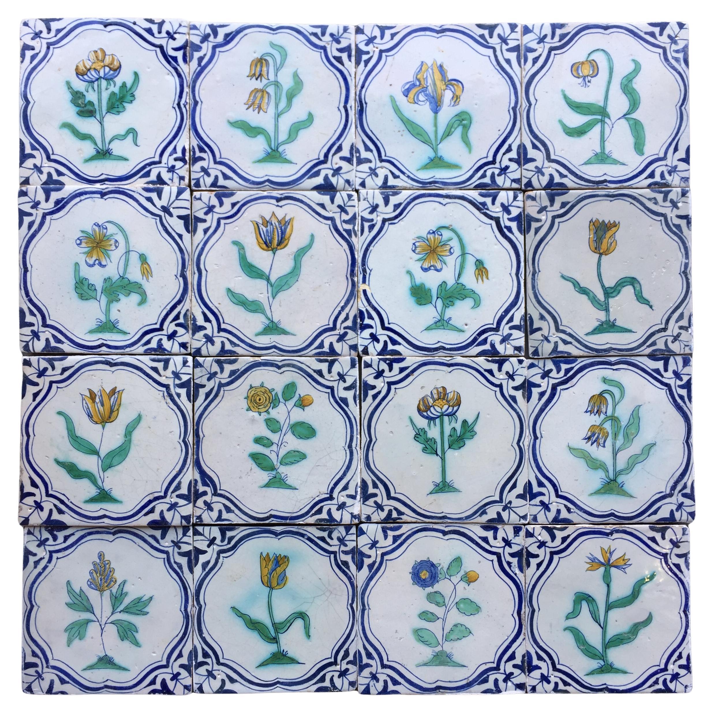 Important and Rare Set of Dutch Delft Tiles with Flowers, Early 17th Century