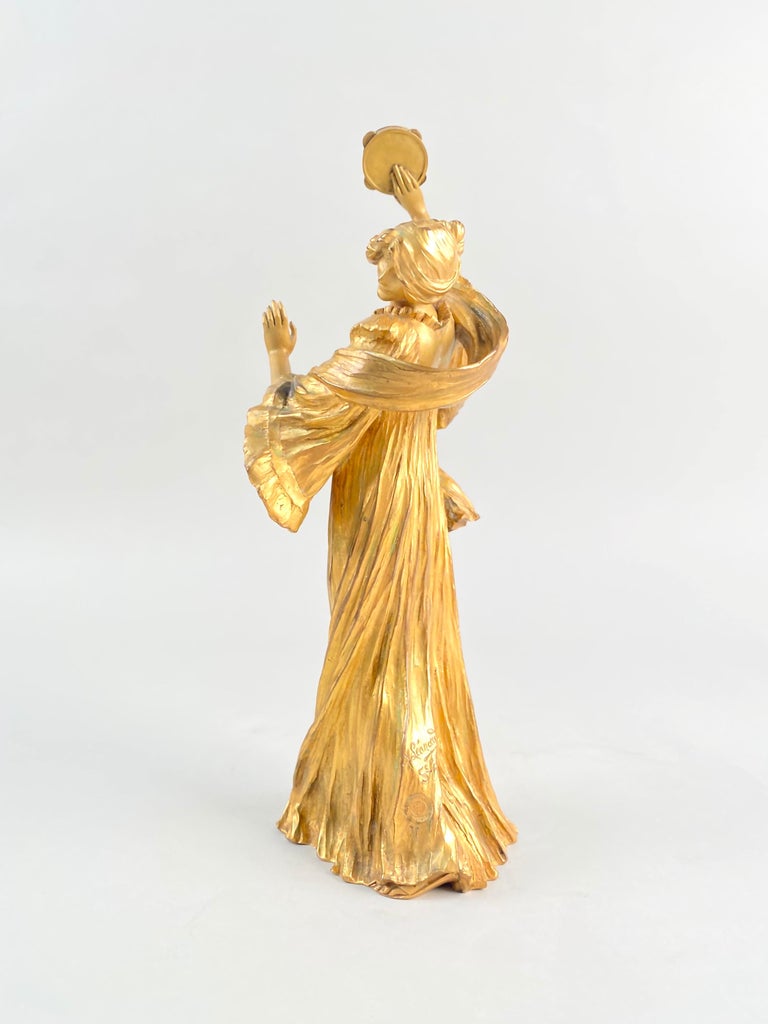 French Important Art Nouveau Bronze Sculpture Tambourine Dancer by, Agathon Leonard For Sale