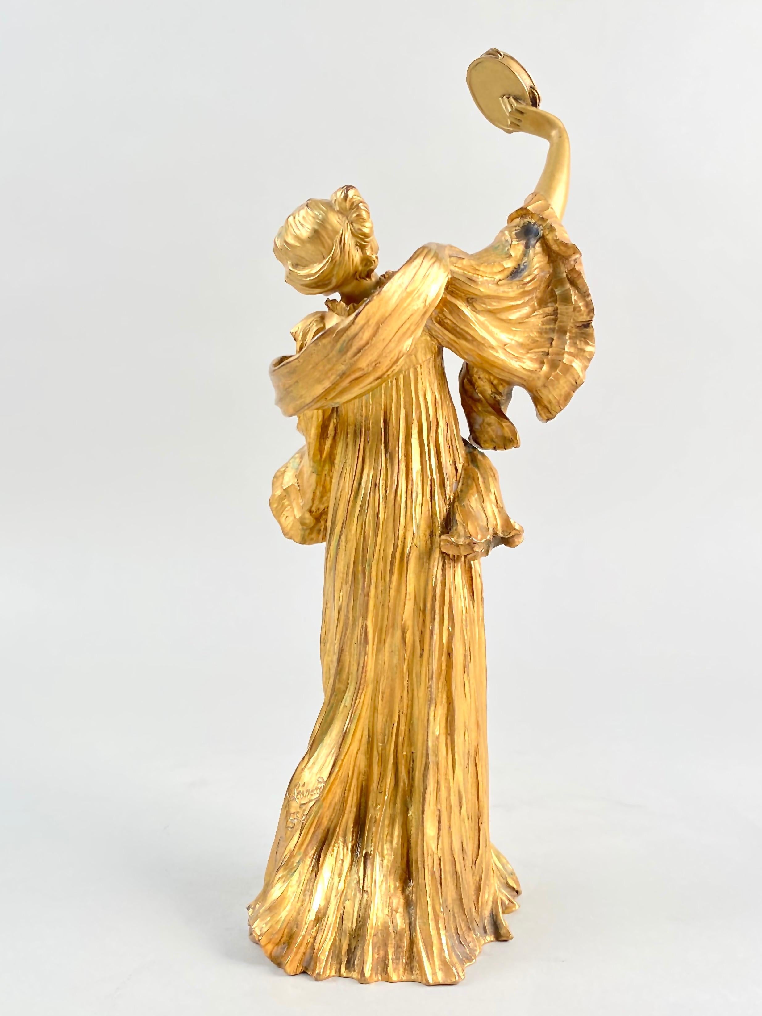 French Important Art Nouveau Bronze Sculpture Tambourine Dancer by, Agathon Leonard For Sale
