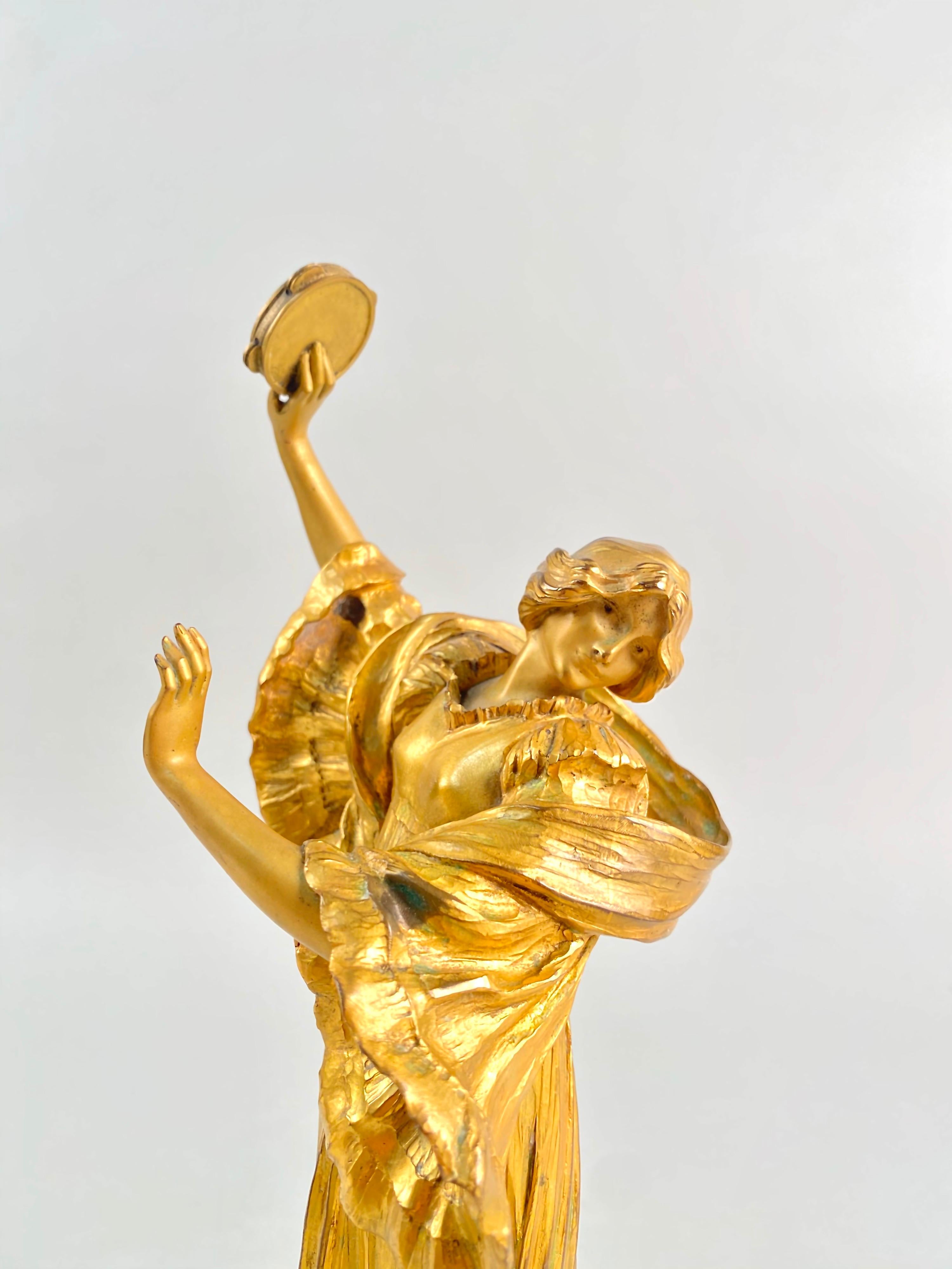 Cast Important Art Nouveau Bronze Sculpture Tambourine Dancer by, Agathon Leonard For Sale
