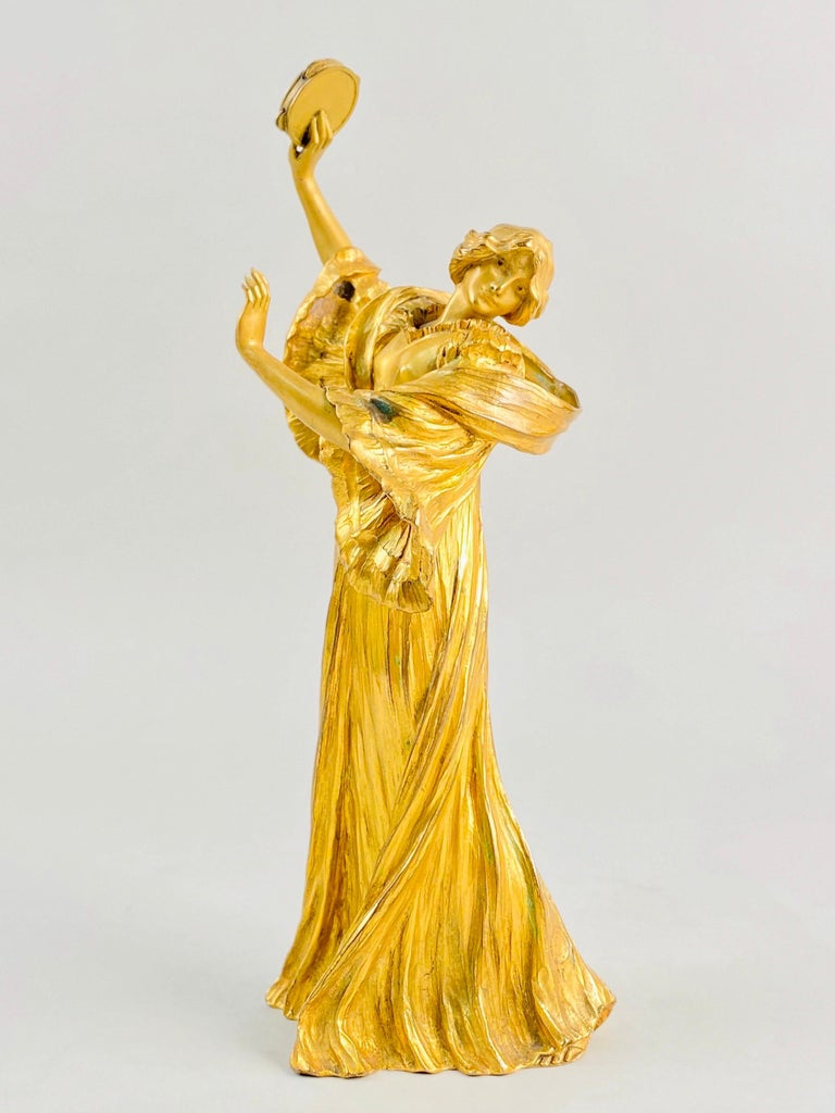 20th Century Important Art Nouveau Bronze Sculpture Tambourine Dancer by, Agathon Leonard For Sale