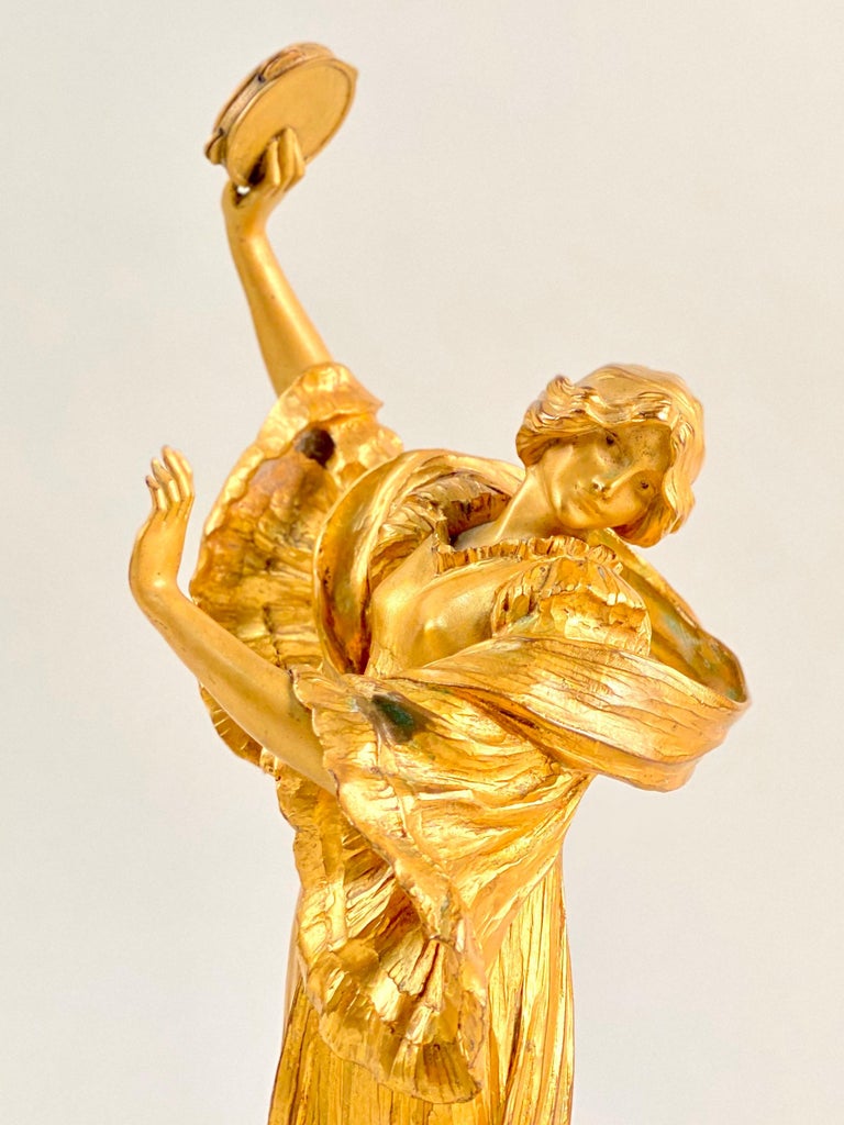 Important Art Nouveau Bronze Sculpture Tambourine Dancer by, Agathon Leonard For Sale 1