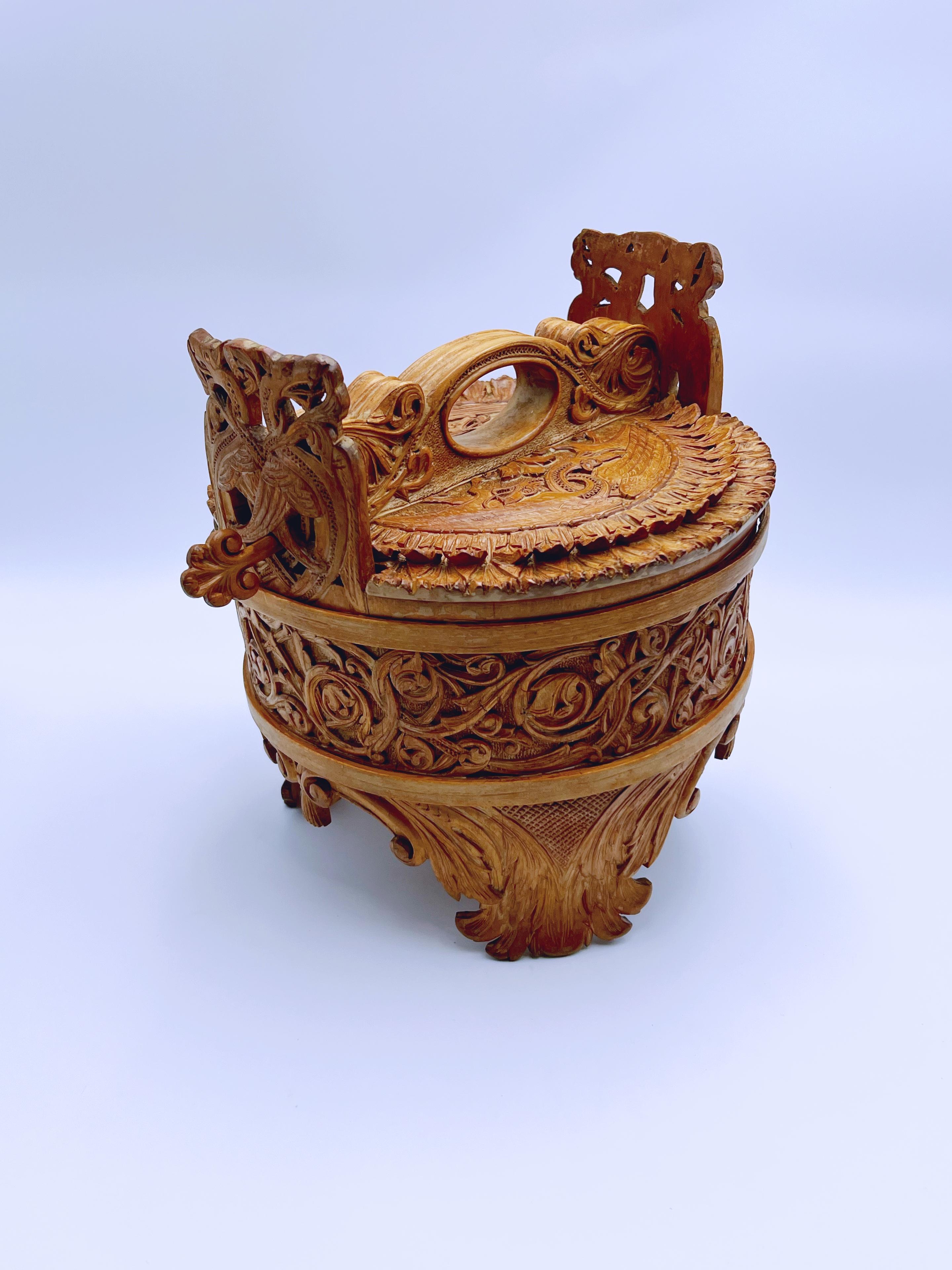 **An Important Norwegian Folk Art Carved Butter Bucket (Amber Tine) by Lars Kinsarvik (1846-1925), Hardanger, Norway, circa 1900**  

This exceptional butter bucket, or *Amber Tine*, is a masterwork by the renowned Norwegian craftsman Lars