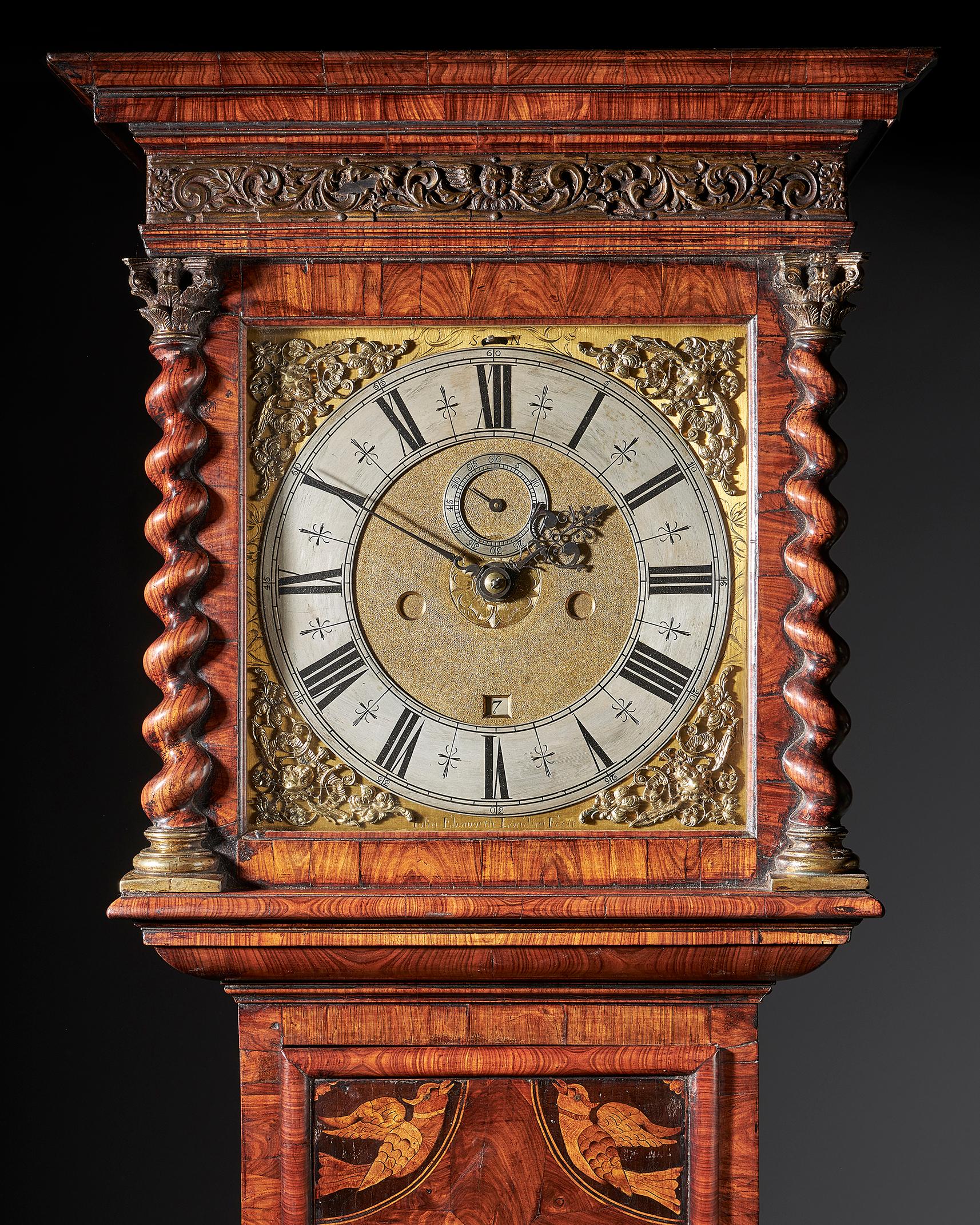 A unique and important Charles II 17th century month-going Princes wood and floral marquetry longcase clock by the celebrated maker, John Ebsworth, circa 1685.

The case is of the highest quality decorated throughout in oysters of Princes wood