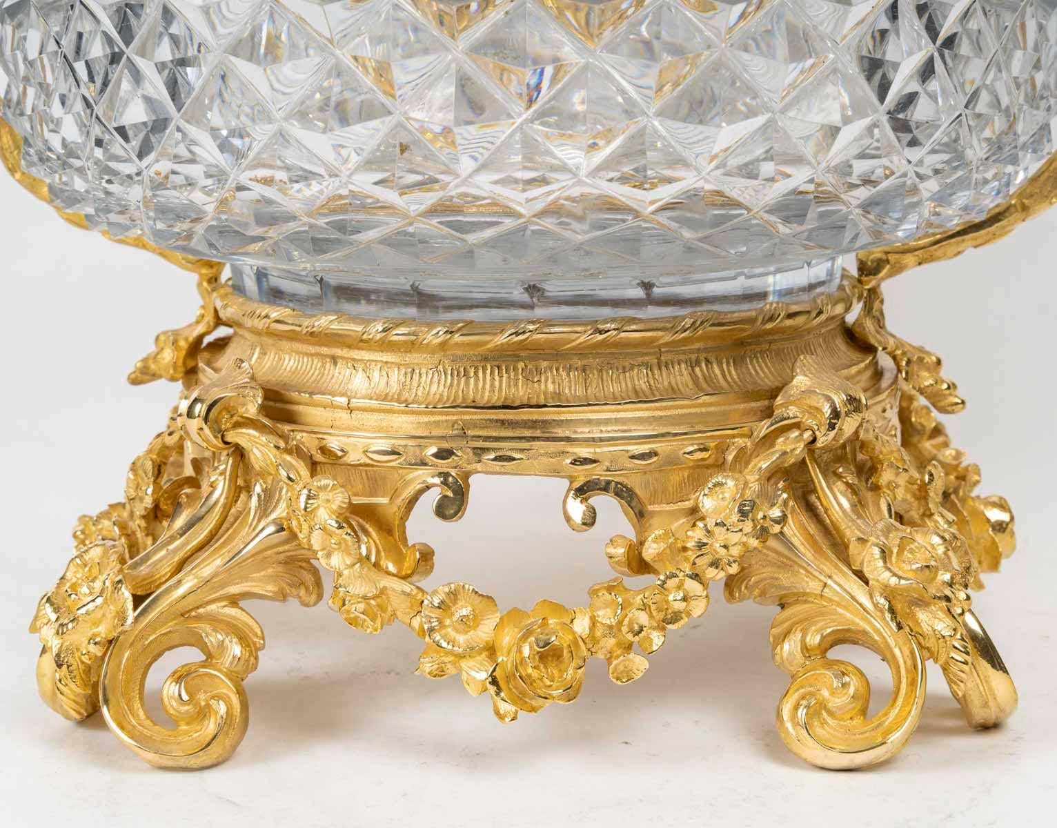 French An important Cut Crystal Bowl with Gilt Bronze Mounting, Napoleon III Period. For Sale
