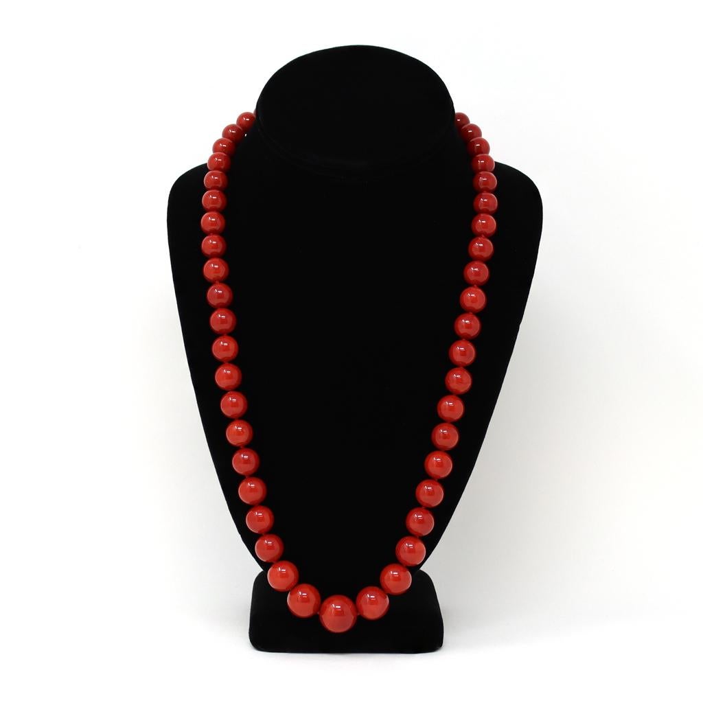 The deep red coral also called oxblood  is a rare vintage necklace originated in Italy circa 1950-60. The perfectly round beads have been skillfully RE polished to their original luster. The coral is natural untreated with no sign of dye. These