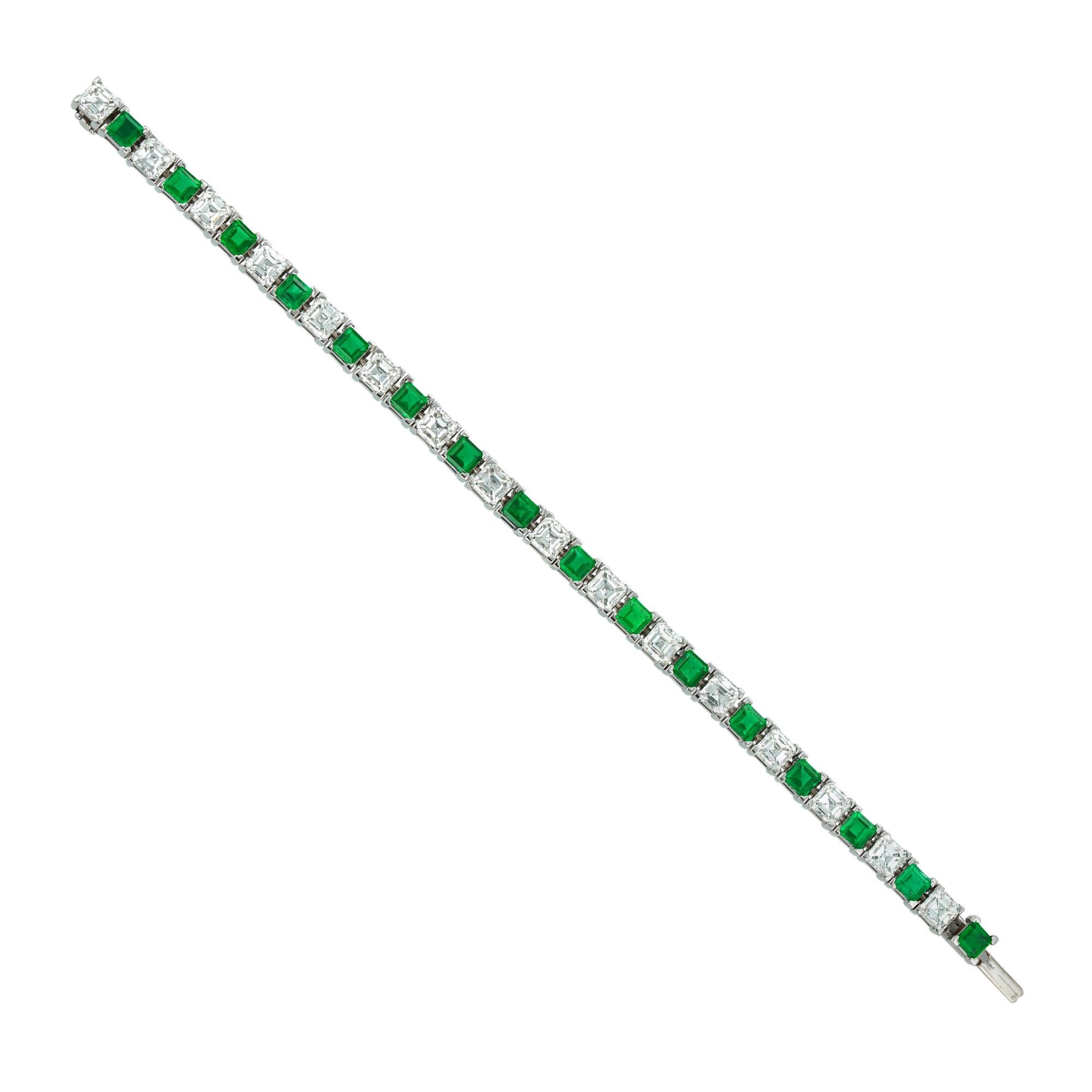 An important emerald and Assher-cut diamond line bracelet by Asprey, consisting of sixteen Assher-cut diamonds weighing 8.44 carats in total, alternately-set with sixteen square-cut emeralds weighing 4.58 carats in total, all four-claw-set in