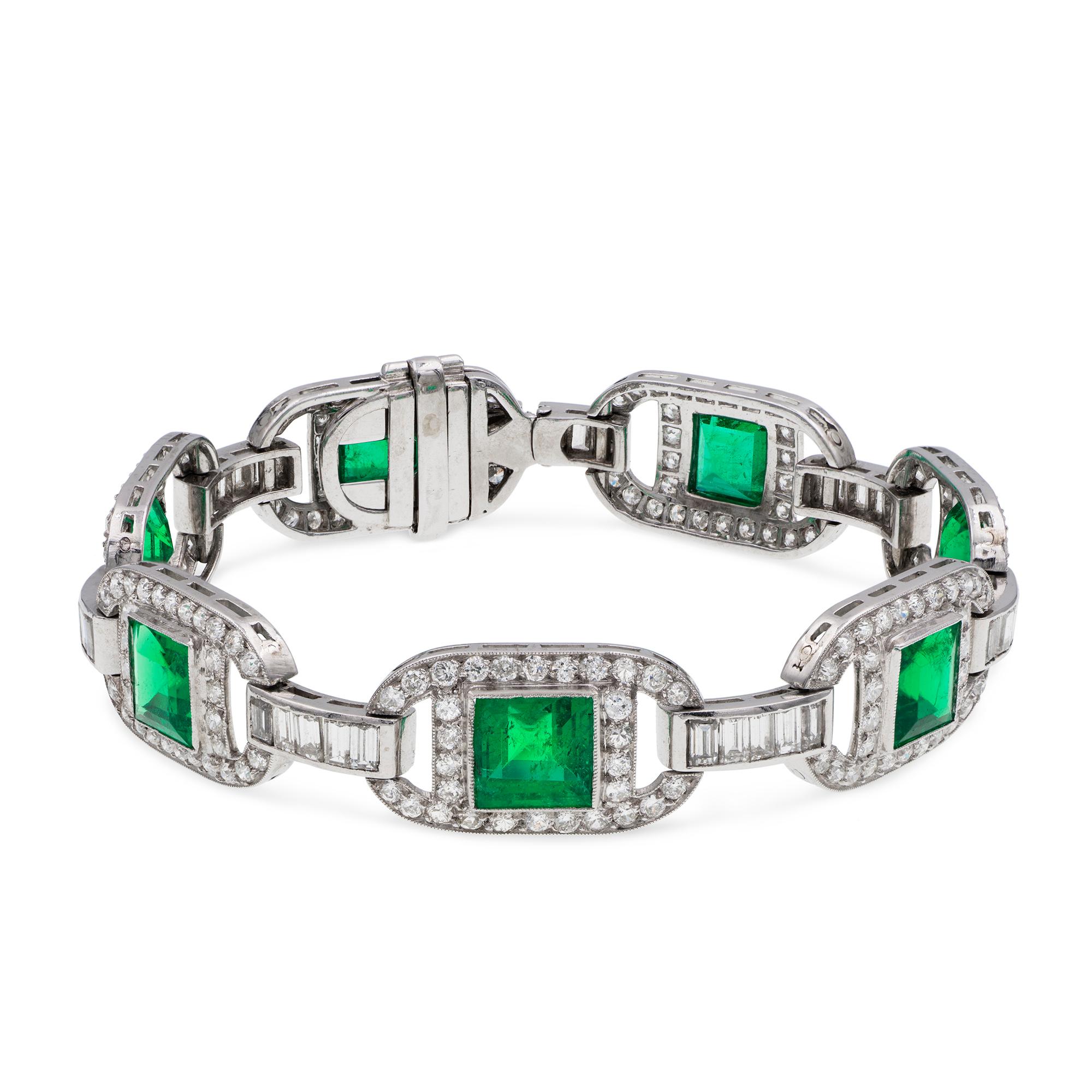 Square Cut Important Emerald and Diamond Bracelet For Sale