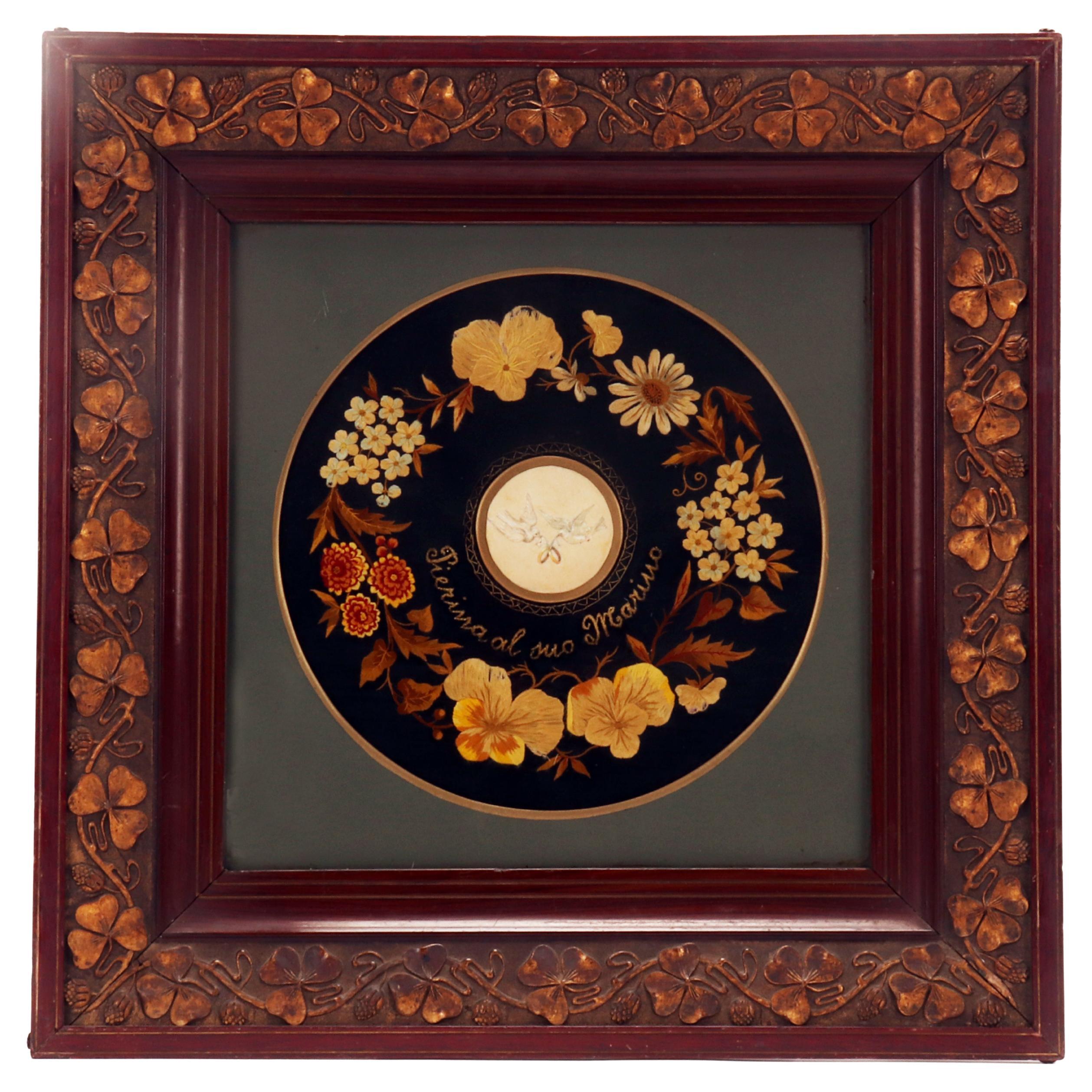 An important framed love enbroidery, Italy 1900. For Sale