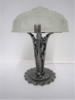 Important French Art Deco Sabino Table Lamp Hammered Iron and Frosted Art Glass