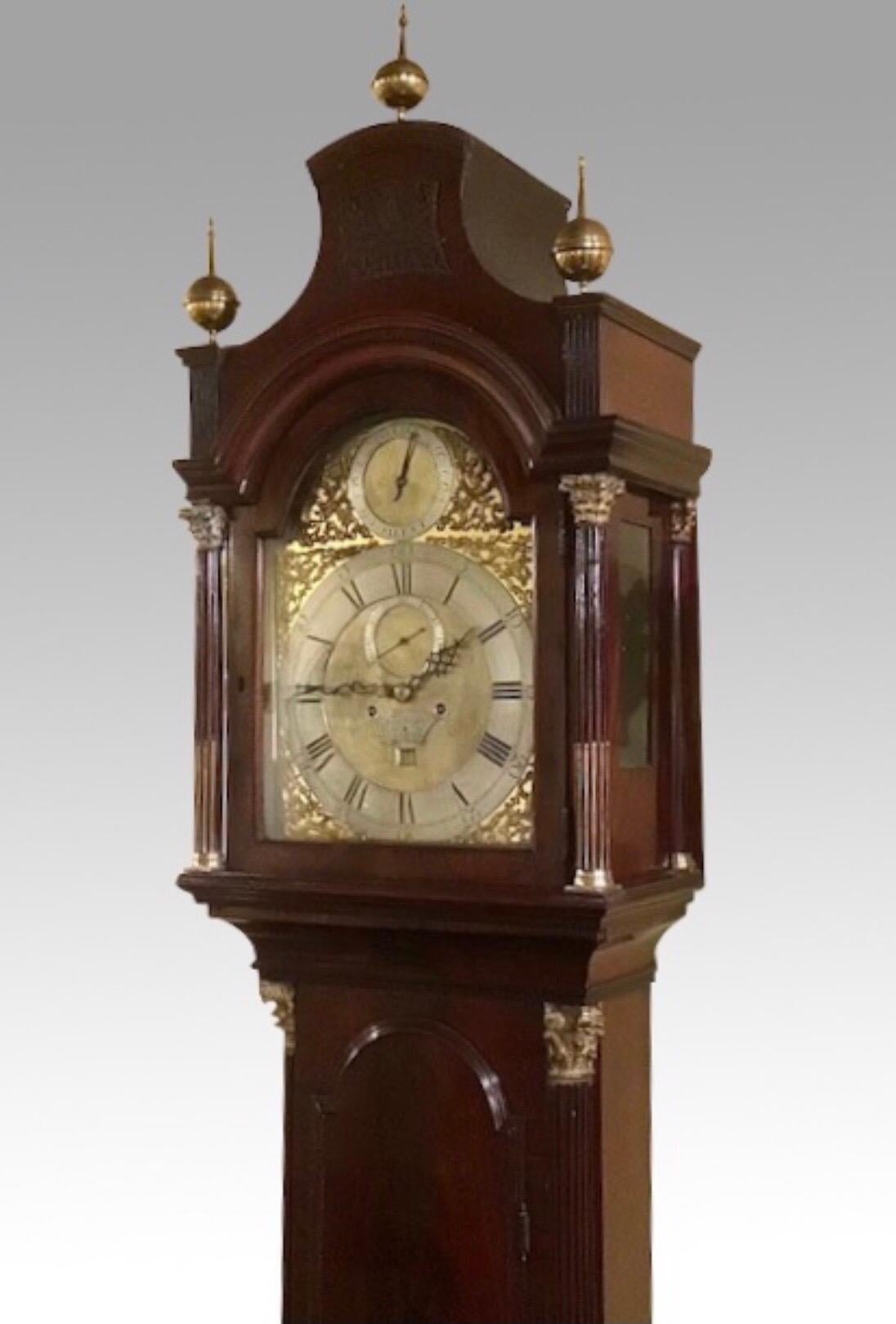 Fabulous Georgian Antique London Longcase Grandfather clock. Thomas Mudge, London Circa 1765
The spectacular mahogany case has a long trunk door and is flanked by reeded and brass inlaid quarter pillars. The base has raised shaped panel and typical