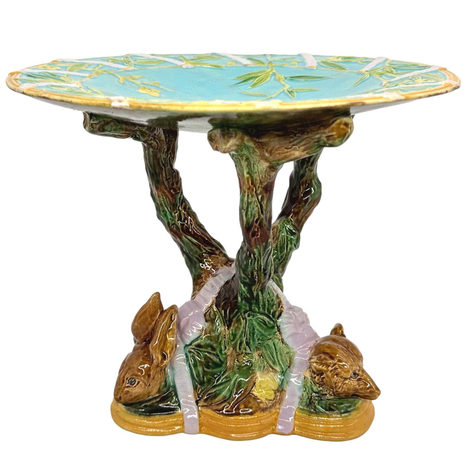 An Important George Jones Majolica Compote/Centerpiece, Dog, Fox & Rabbit Base In Good Condition In Banner Elk, NC