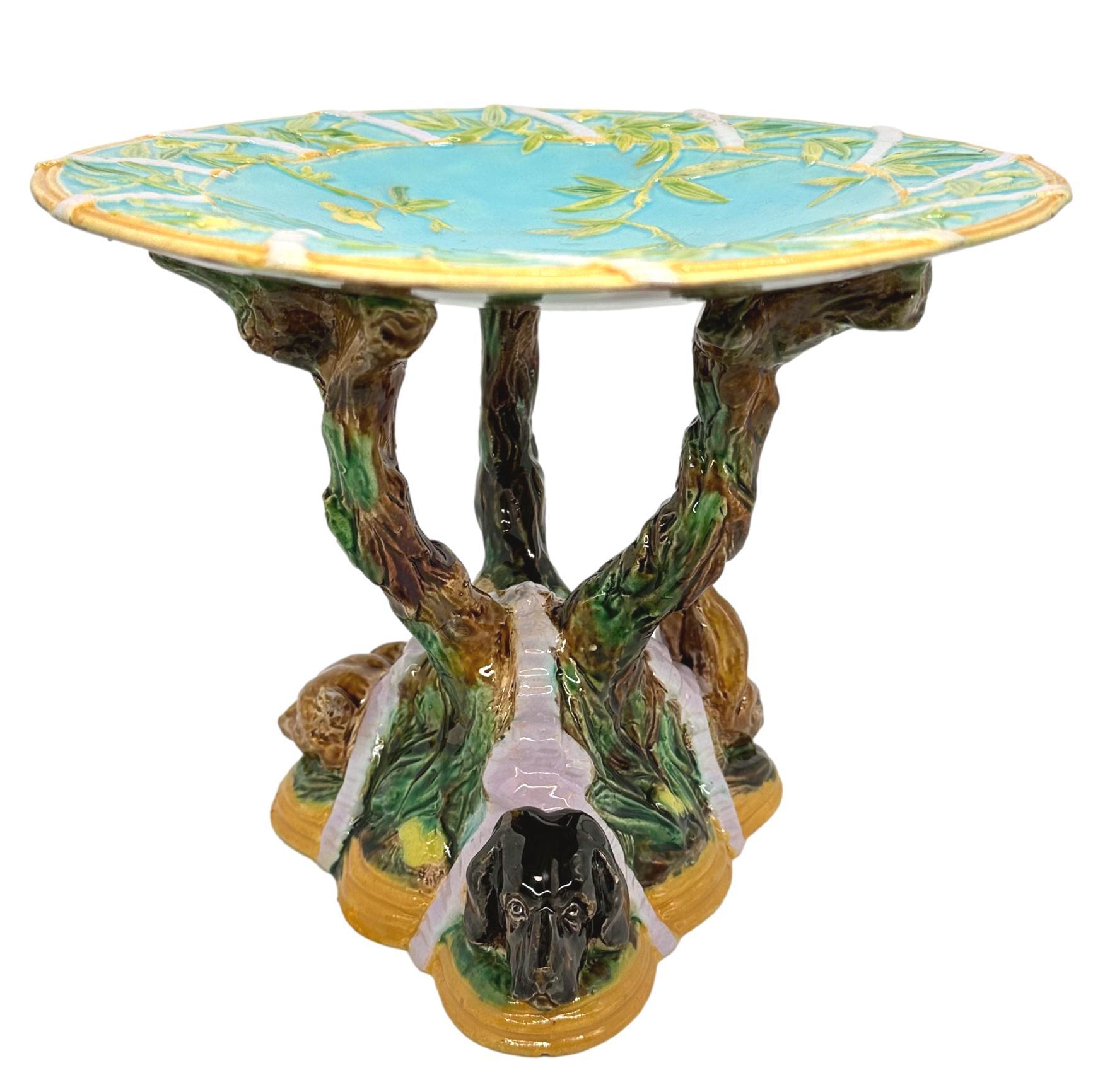 An Important George Jones Majolica Compote/Centerpiece, Dog, Fox & Rabbit Base 2