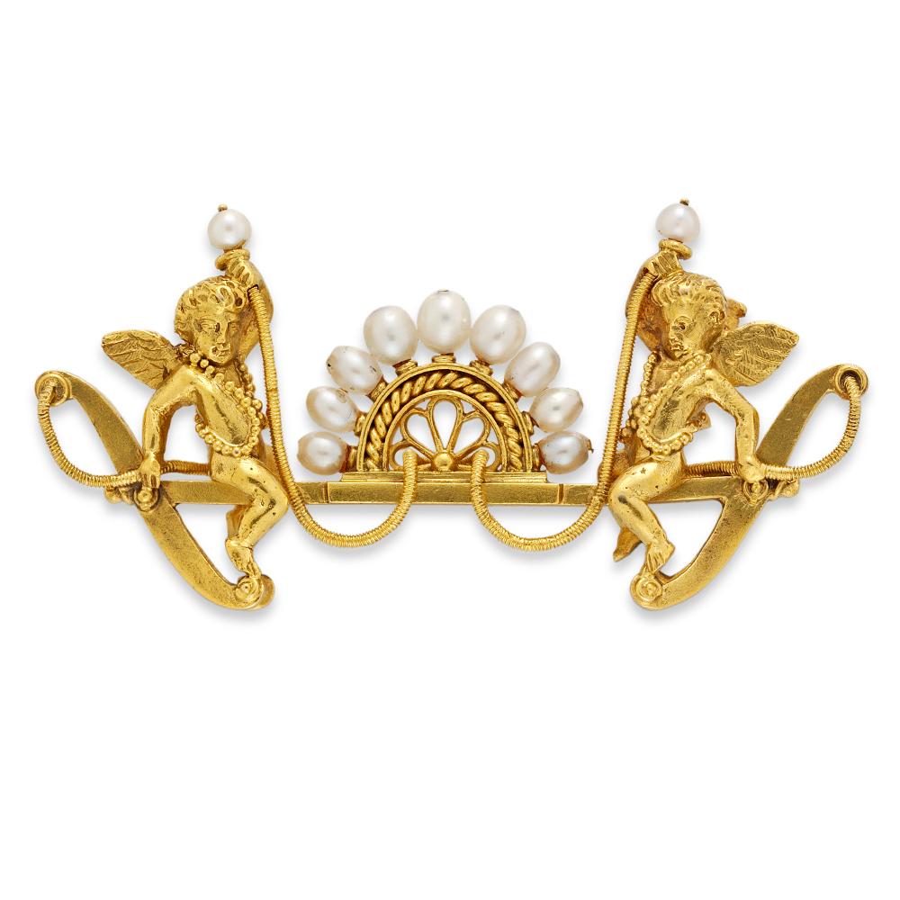 An important Giuliano gold and pearl brooch, the brooch designed as two amorini, each holding  aloft a twisted rope with a pearl finial, seated astride either end of a gold bar centering a filigree arch with radiating pearls, signed C.G.circa 1865,