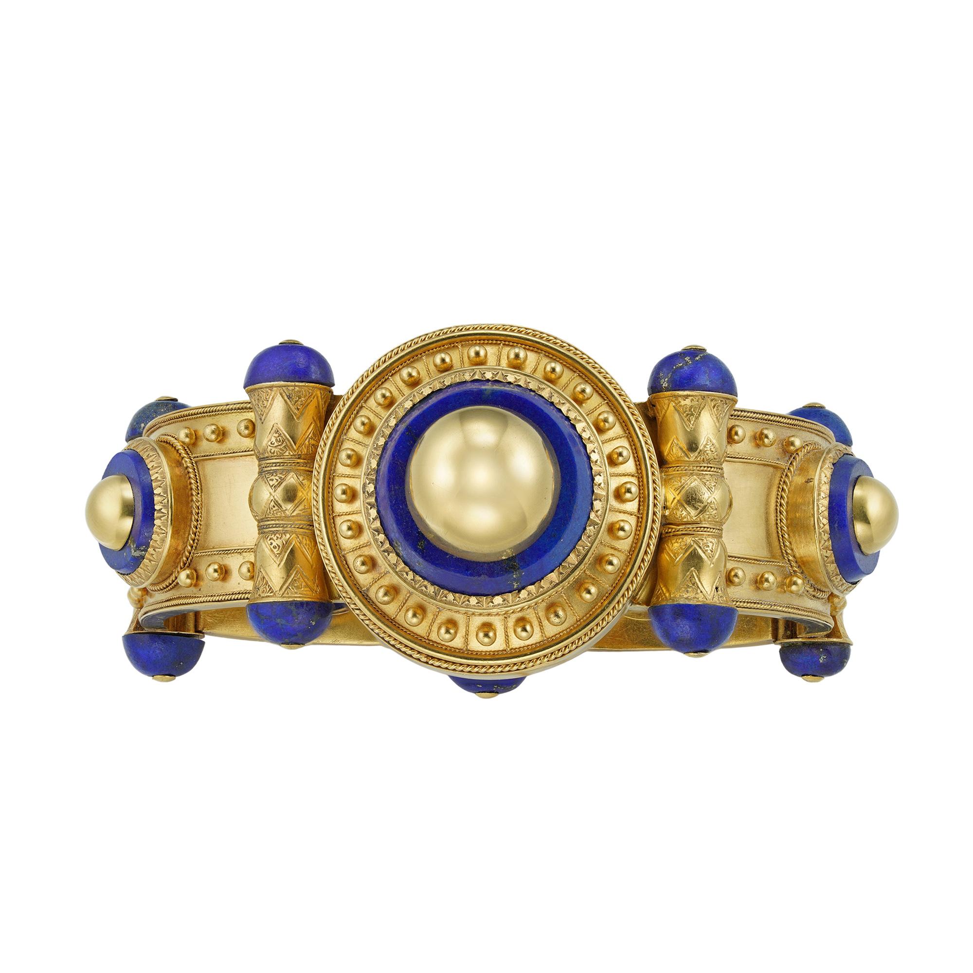 Etruscan Revival Important Gold and Lapis Bangle by Cartier