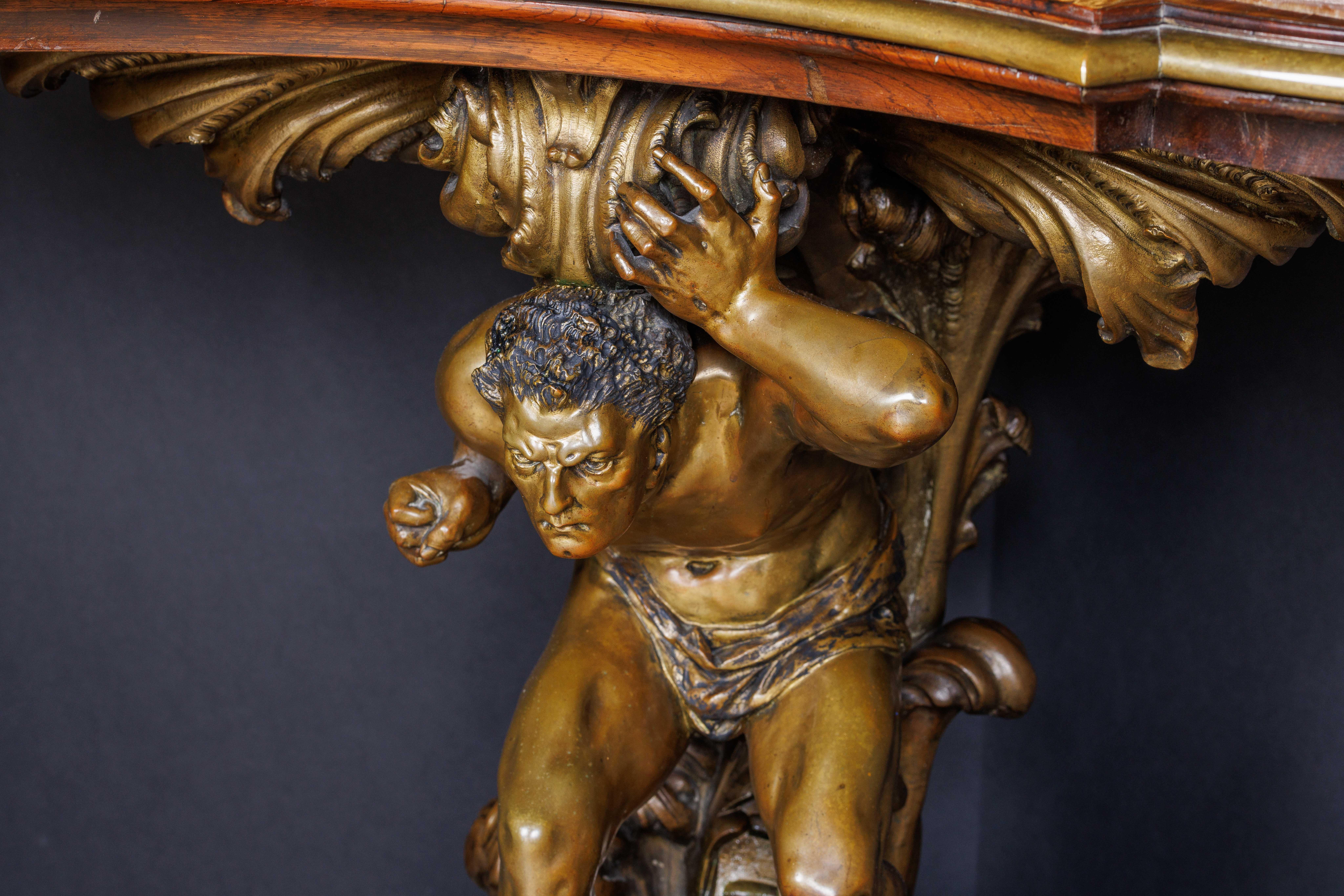 19th Century An Important Italian Kingwood and Patinated Bronze Figural Table, Circa 1870 For Sale