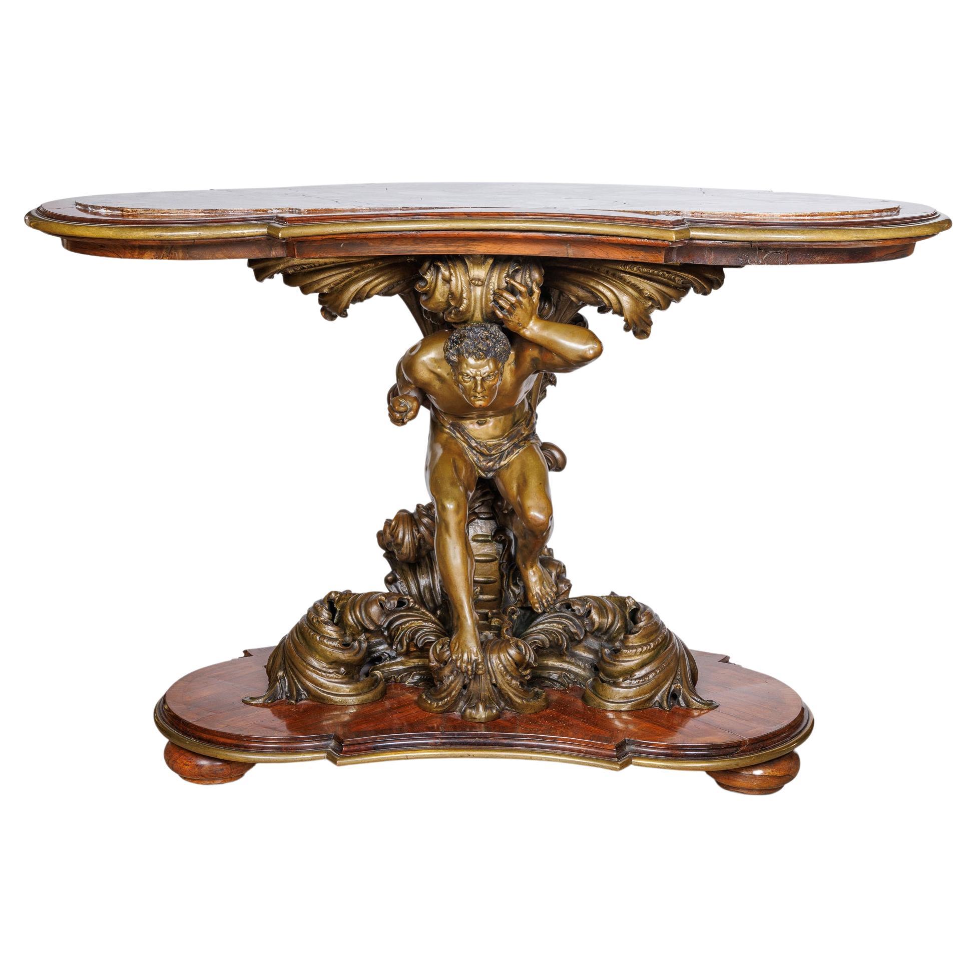 An Important Italian Kingwood and Patinated Bronze Figural Table, Circa 1870 For Sale