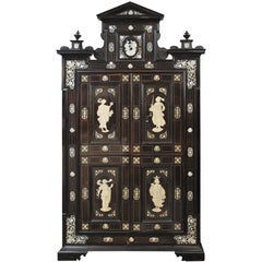 Antique Important Italian Painted, Ivory Inlaid Ebony and Ebonized Cabinet, circa 1860