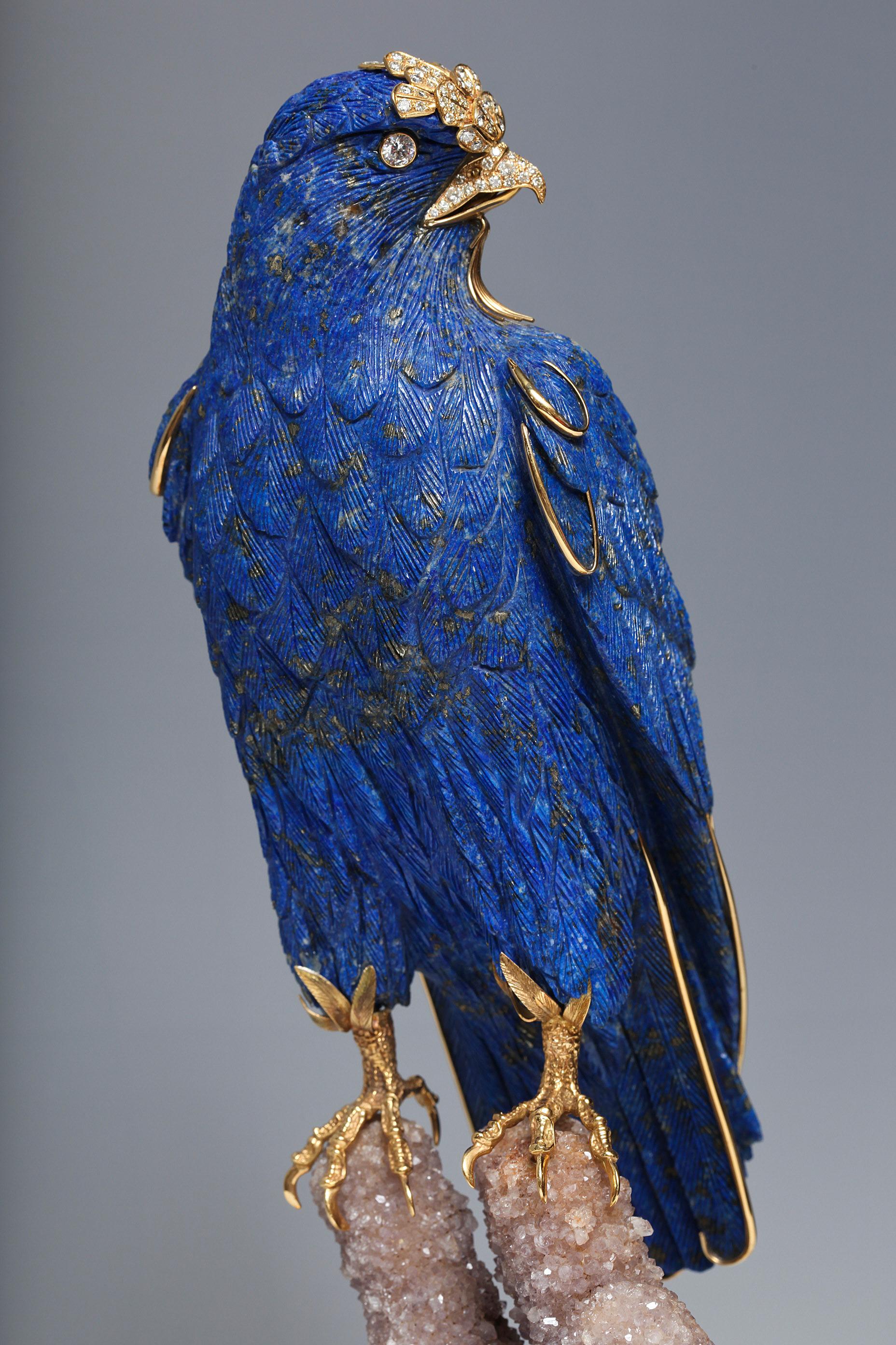 Hand-Carved An Important Jeweled, Gold, Lapis Lazuli Falcon by Asprey & Co. London, Signed