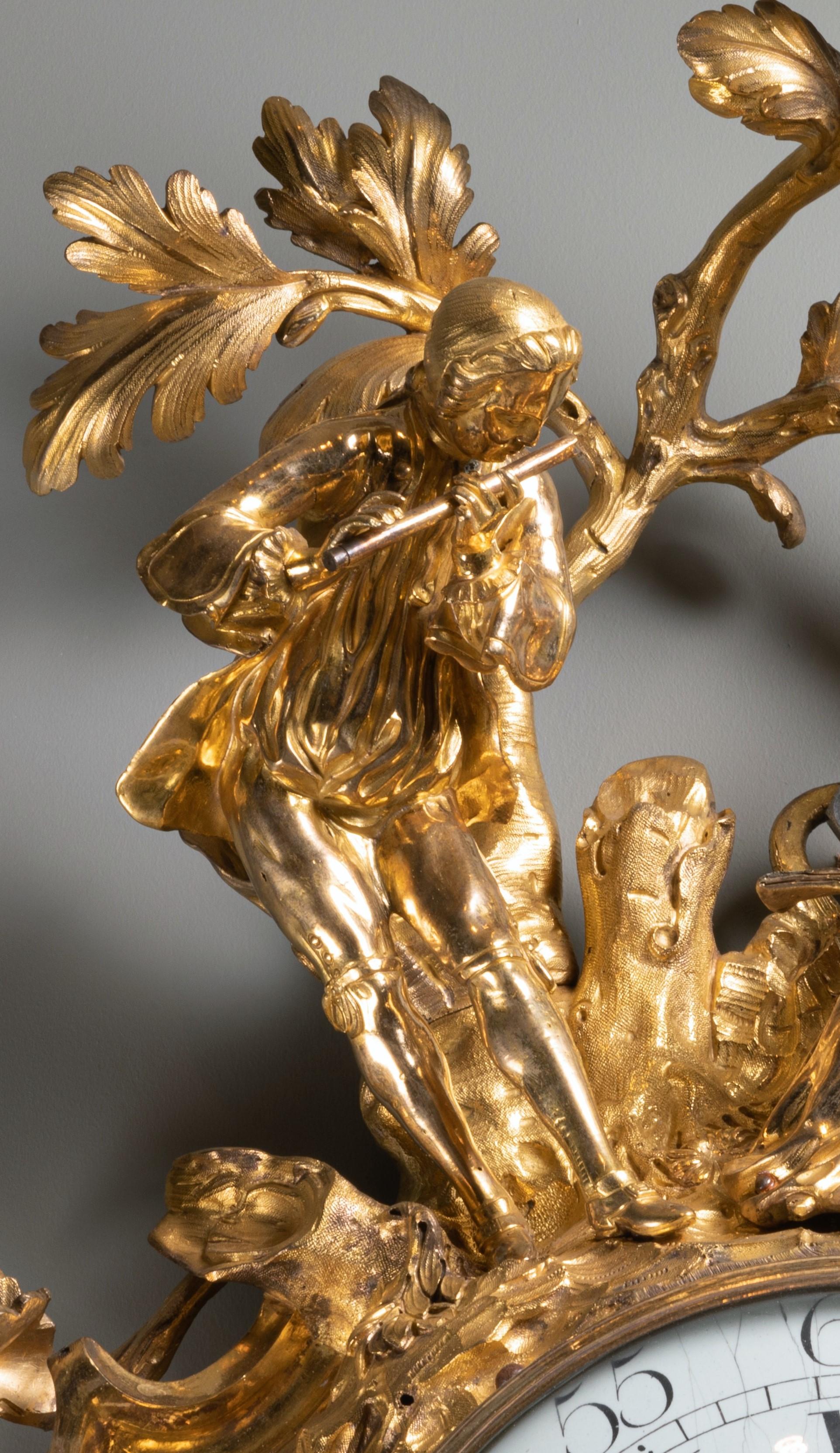 Bronze An Important Louis XV gilt bronze bracket clock with musicians For Sale