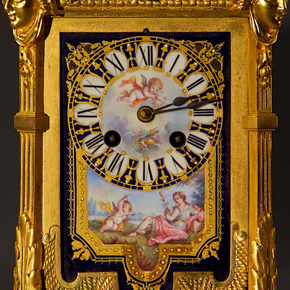 French Important Louis XVI Style Gilt Bronze and Porcelain Clock Set Garniture For Sale