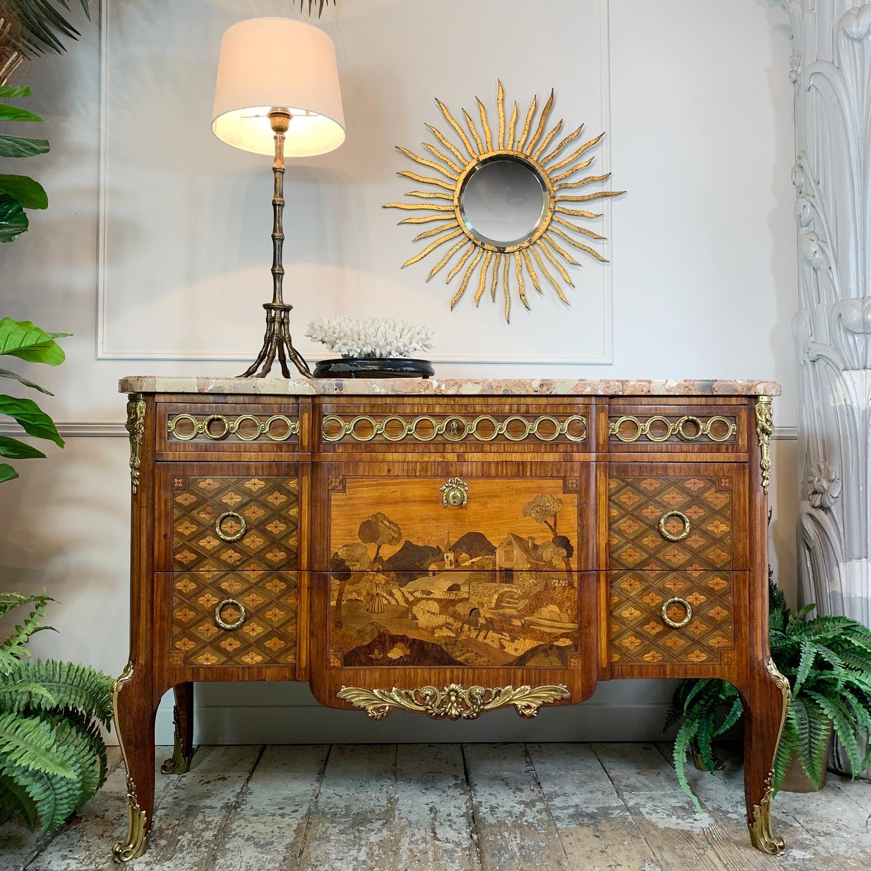 Important Louis XVI Transitional French Marquetry 18th Century Commode In Good Condition For Sale In Hastings, GB