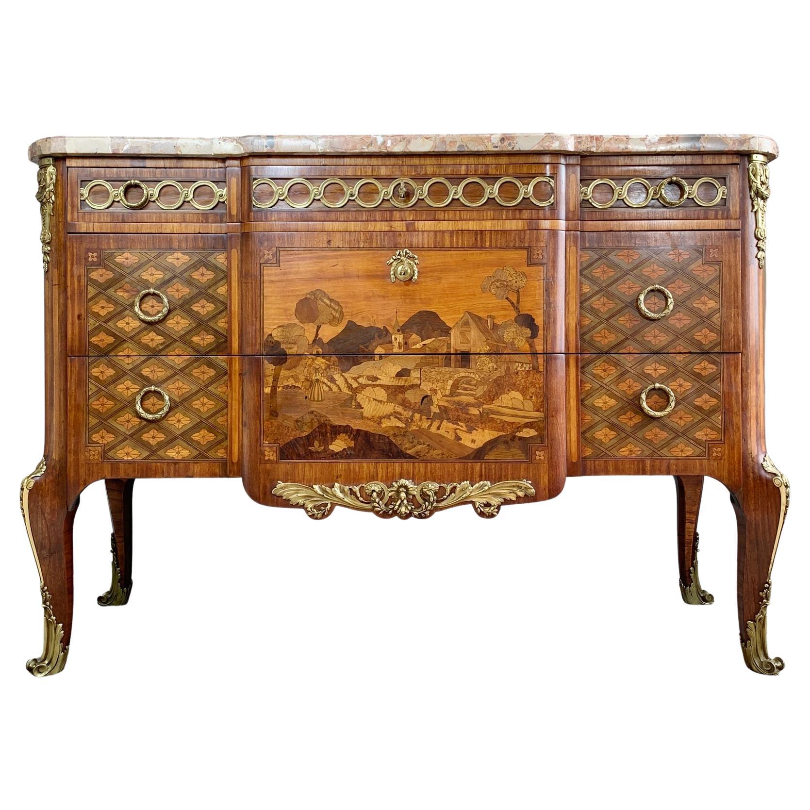 Important Louis XVI Transitional French Marquetry 18th Century Commode For Sale