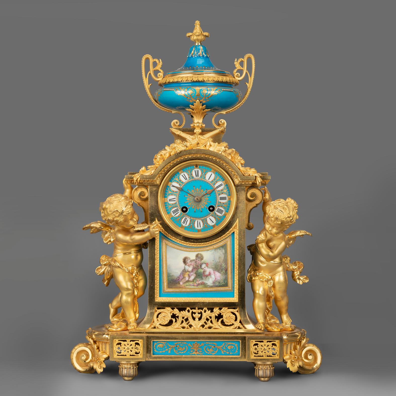 French Important Napoléon III Gilt-Bronze and Porcelain Clock Garniture, circa 1870 For Sale