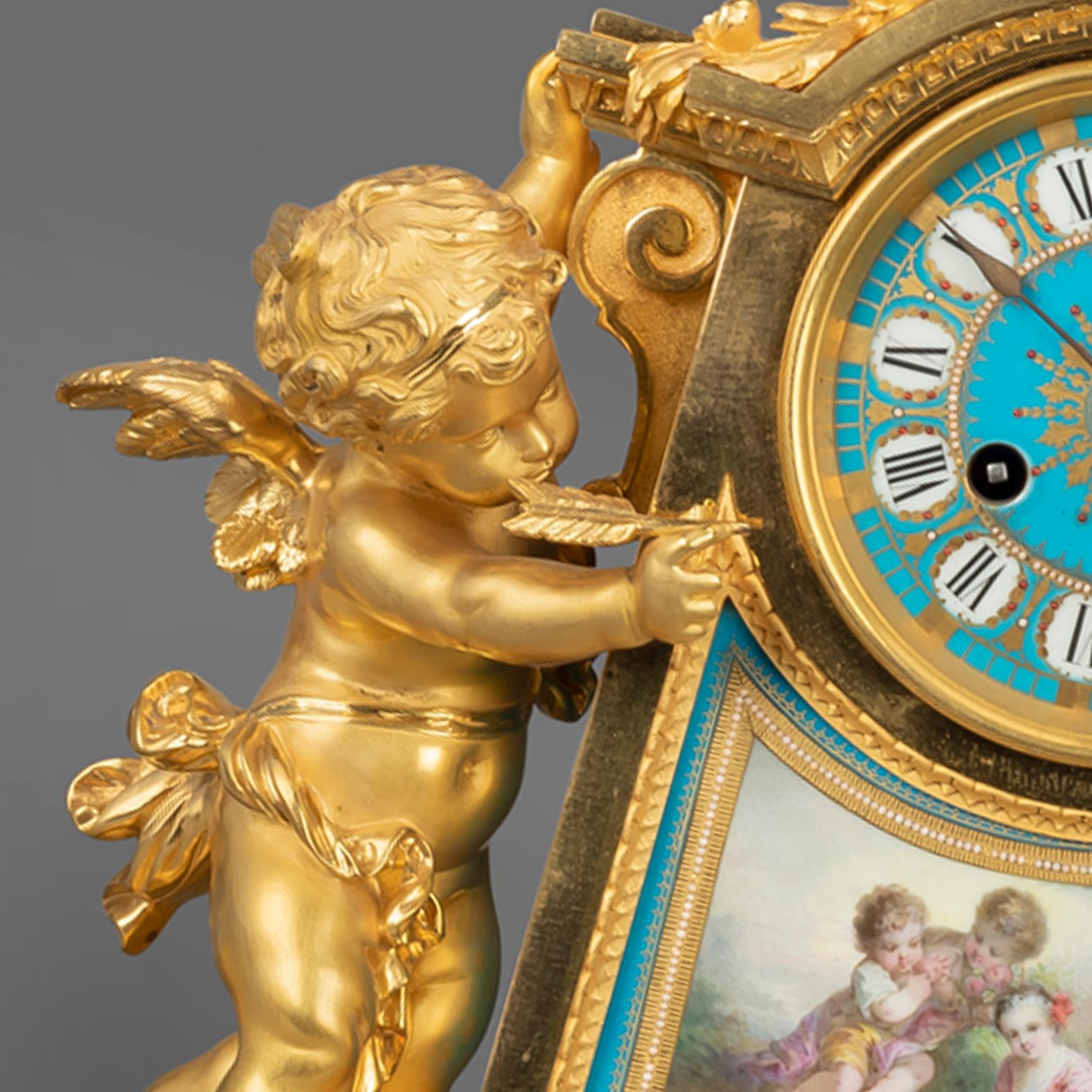 Important Napoléon III Gilt-Bronze and Porcelain Clock Garniture, circa 1870 For Sale 2