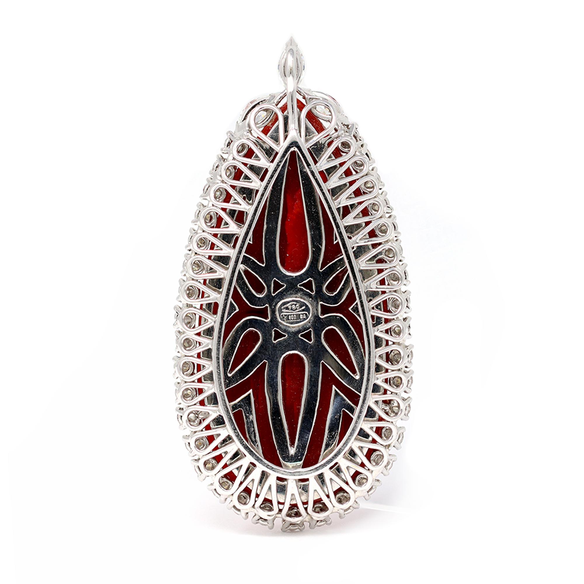 Modern Important Natural Deep Red Coral and Diamonds Pendant, Circa 1970