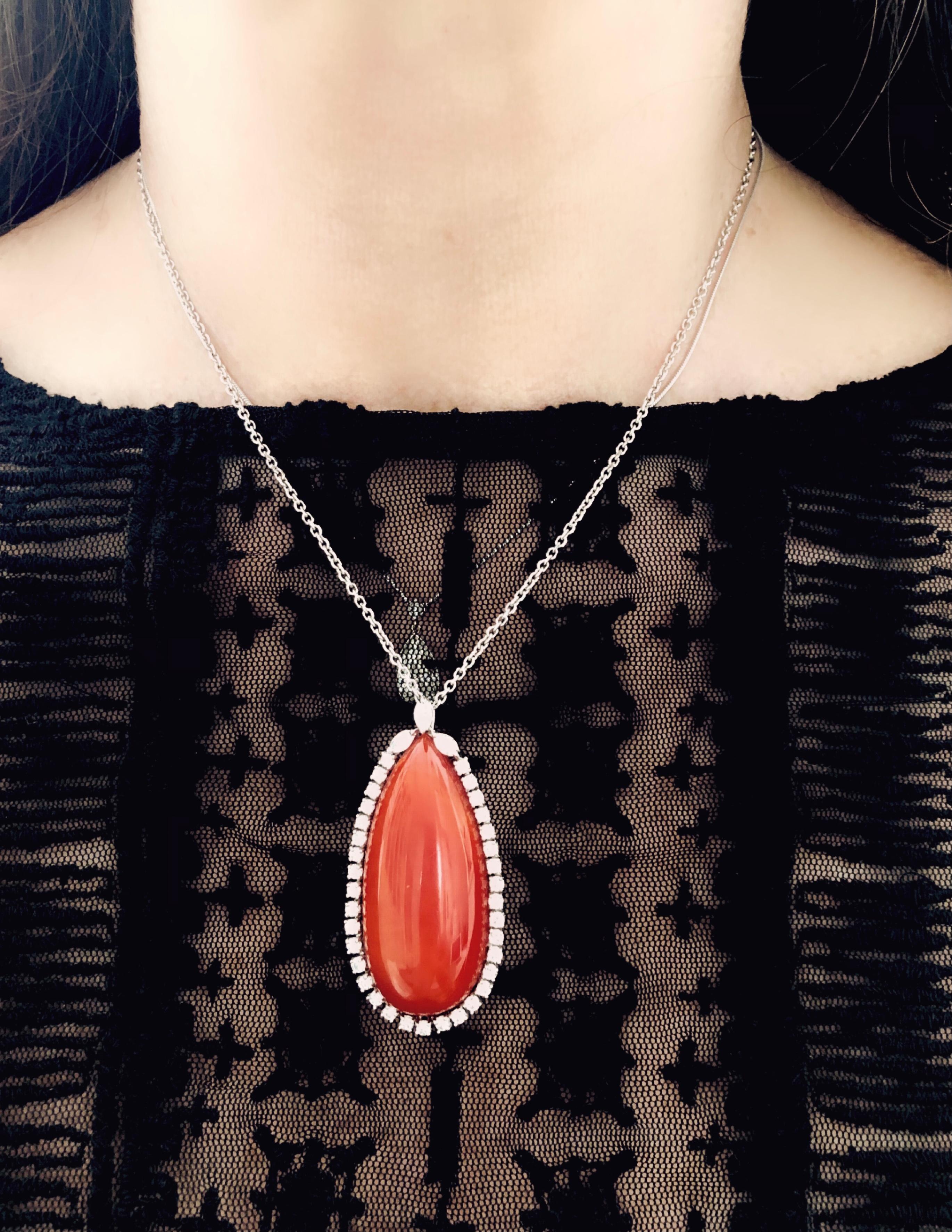 Important Natural Deep Red Coral and Diamonds Pendant, Circa 1970 In Excellent Condition In Miami, FL