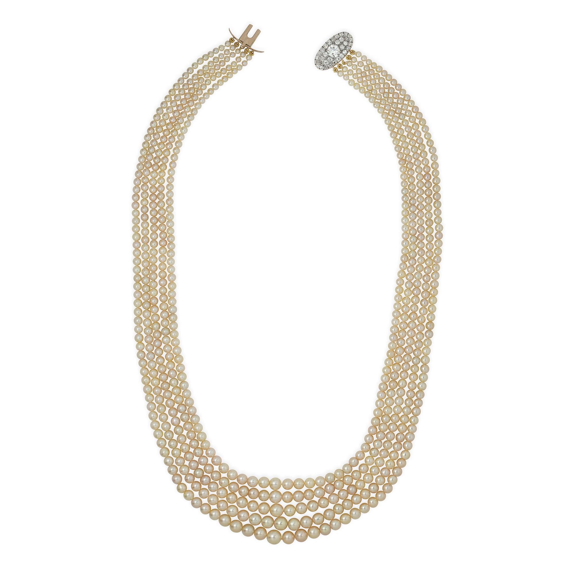 An important natural pearl and diamond necklace, the six hundred and sixty eight pearls accompanied by SSEF Report 90383 stating to be natural of saltwater origin, strung to five rows graduating from the centre, with diameter ranging from 3.00mm to