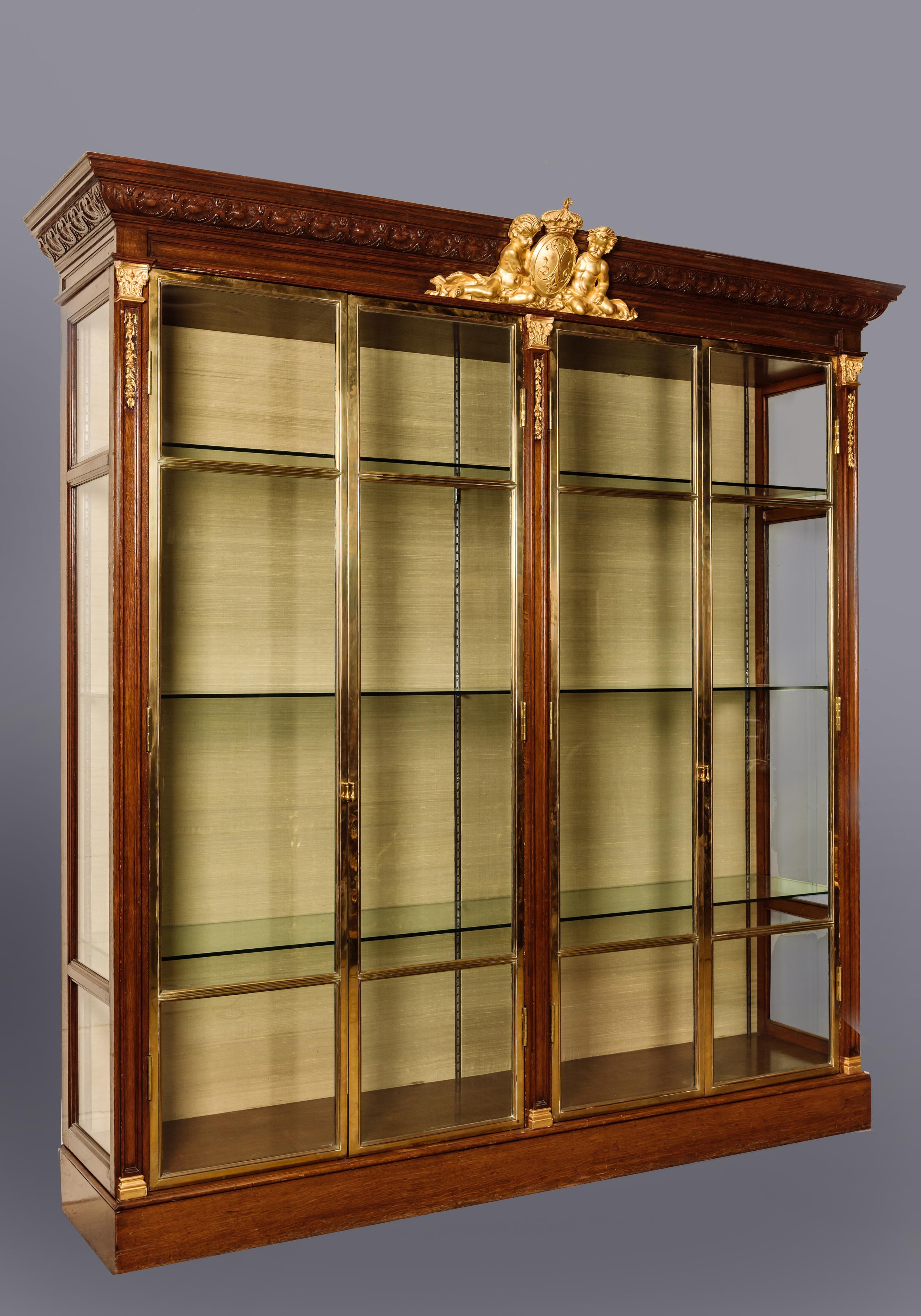 French Important Oak, Giltwood and Bronze Four Door Grande Vitrine, circa 1870 For Sale