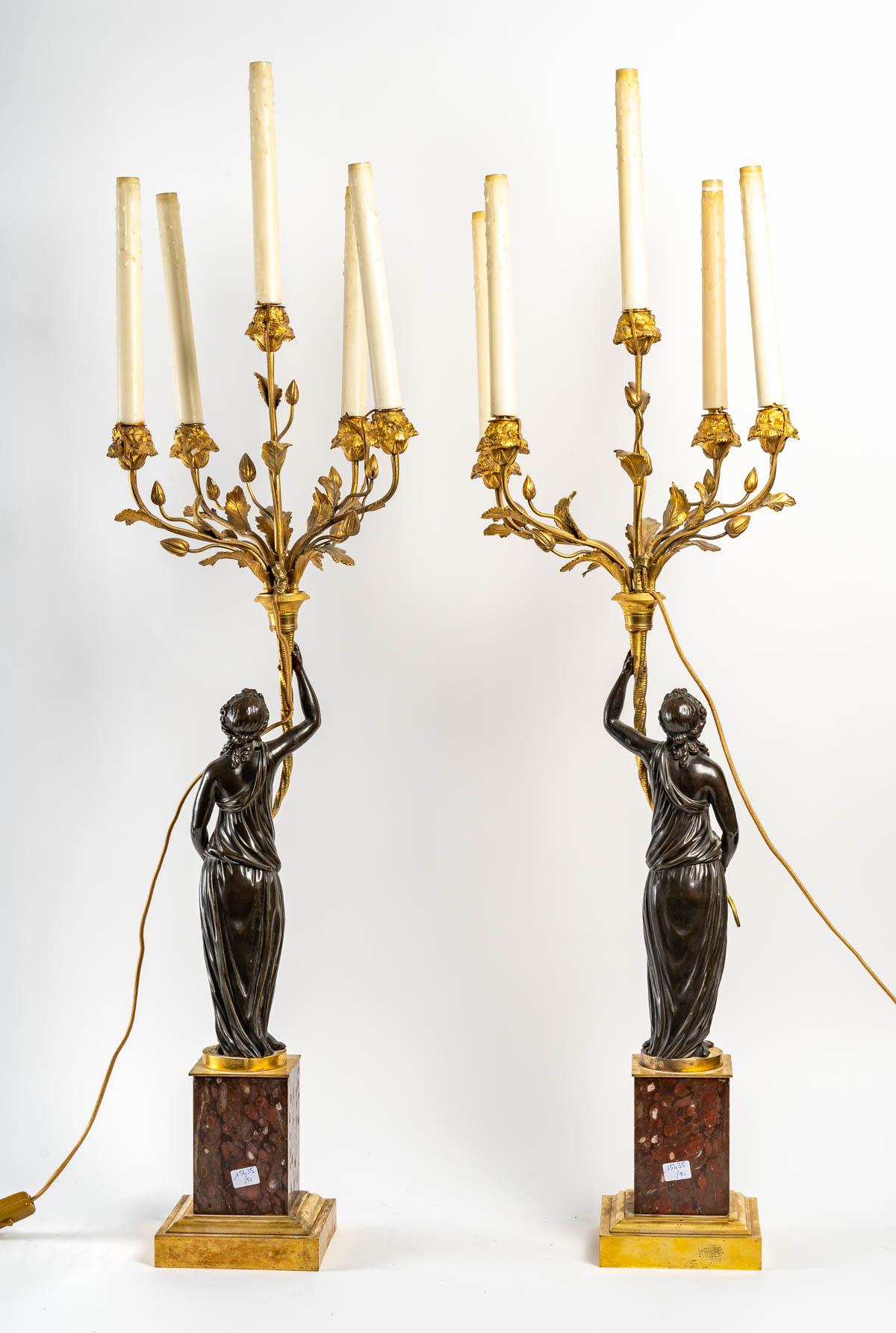 Napoleon III Important Pair of Black Patinated Bronze and Gilt Bronze Candelabras For Sale