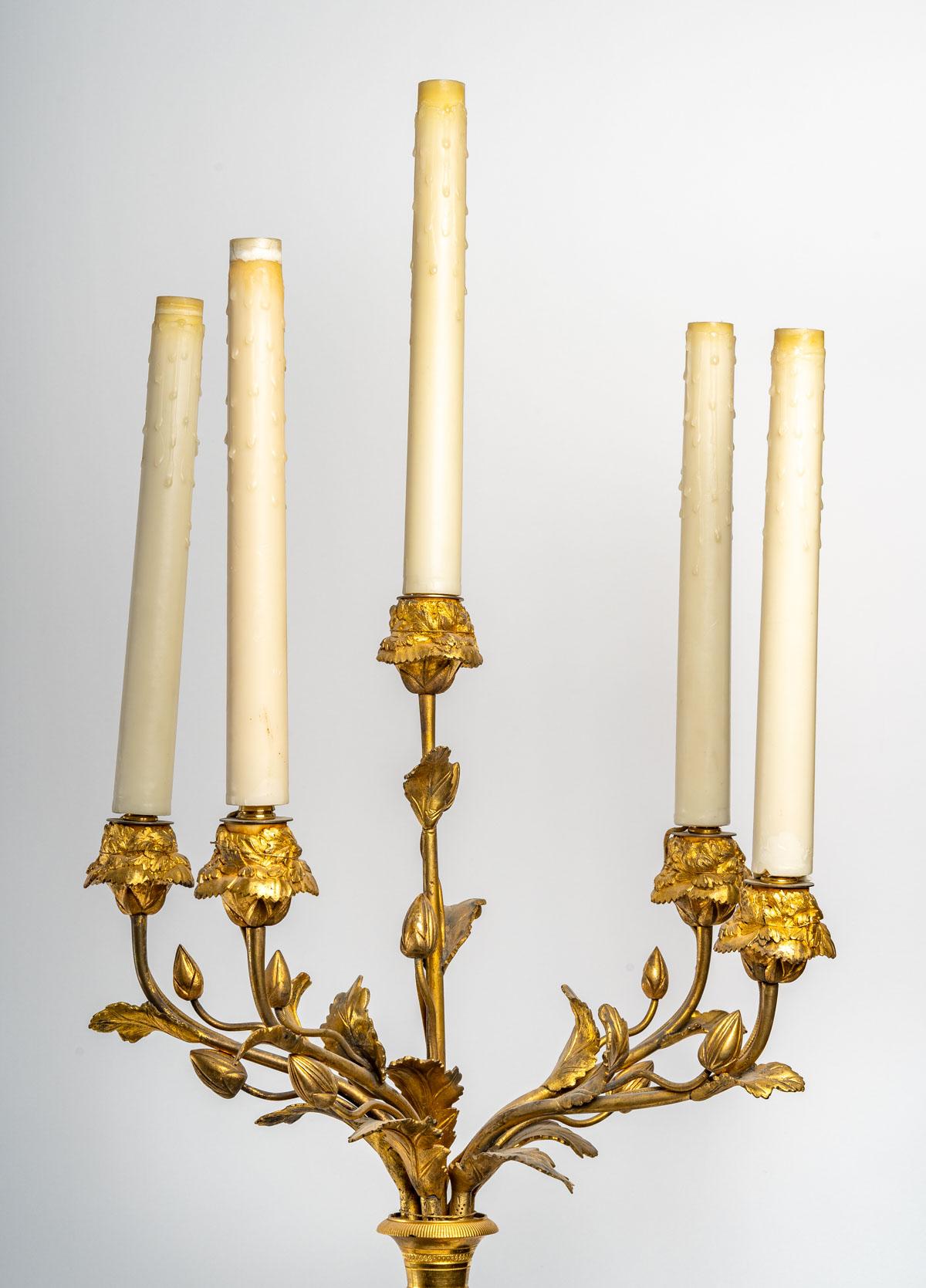 European Important Pair of Black Patinated Bronze and Gilt Bronze Candelabras For Sale