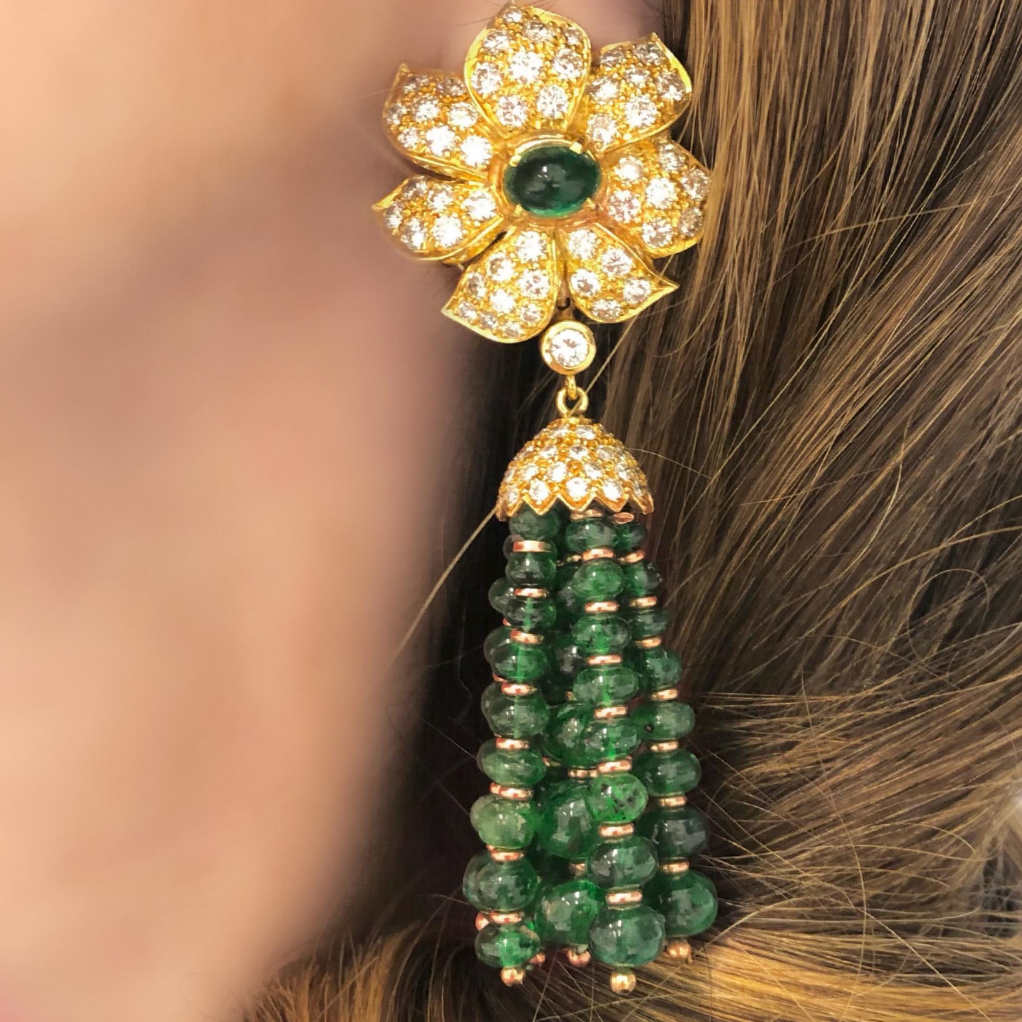 Women's Important Pair of Emerald Tassel Bead and Diamond Day and Night Ear-Clips For Sale