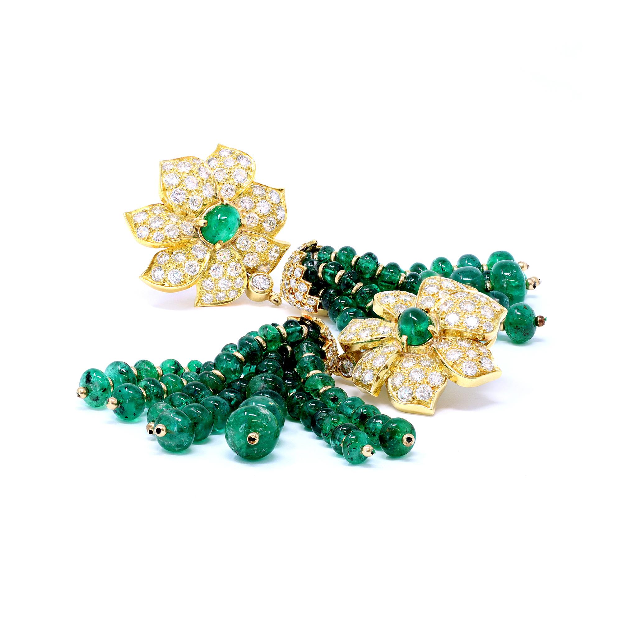 Mixed Cut Important Pair of Emerald Tassel Bead and Diamond Day and Night Ear-Clips For Sale