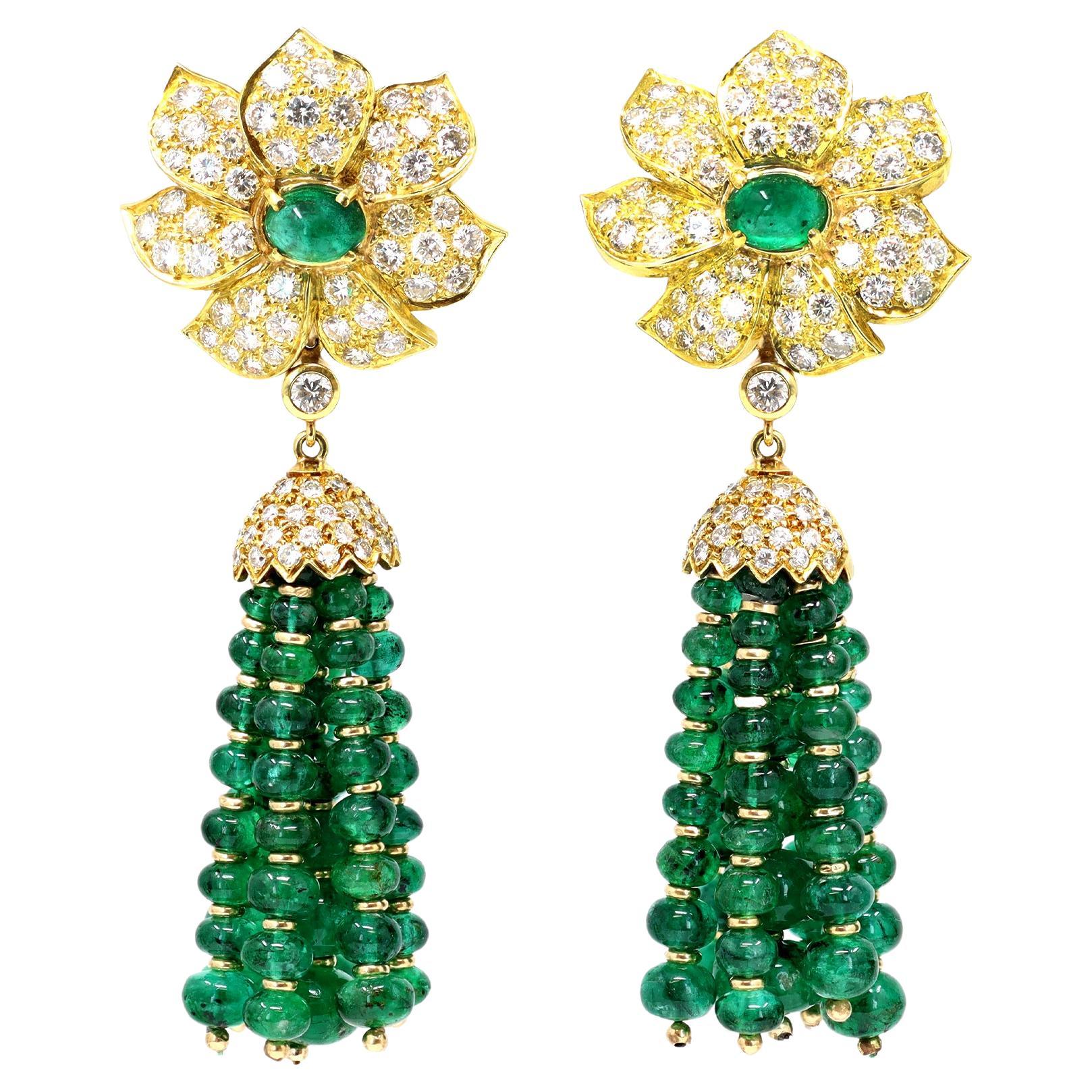 Important Pair of Emerald Tassel Bead and Diamond Day and Night Ear-Clips For Sale