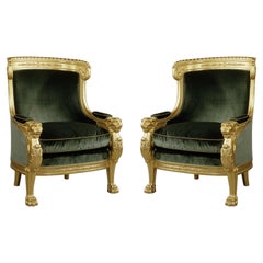 Important Pair of Empire Style Carved Giltwood Tub Chairs