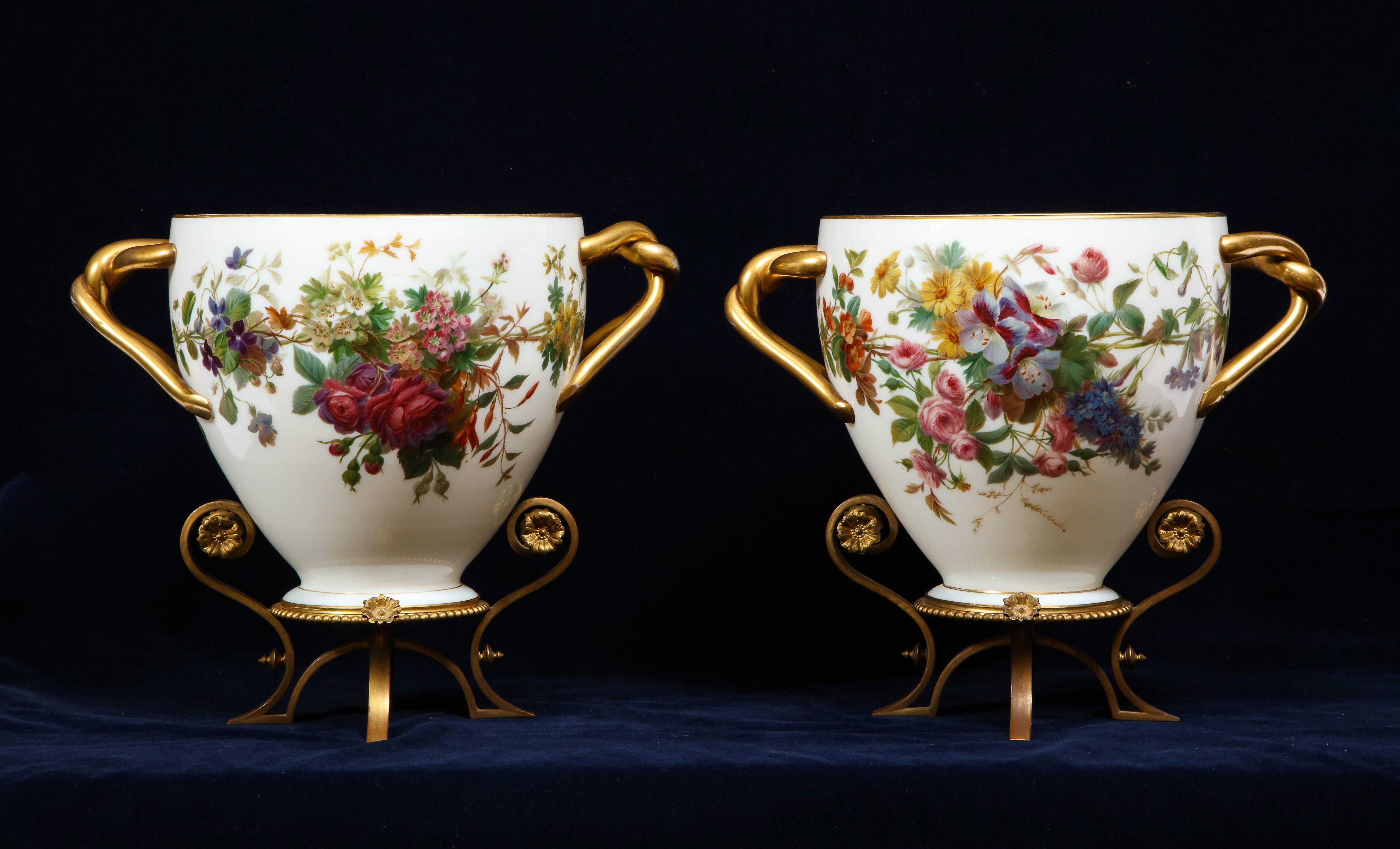 Louis XVI Important Pair of Enamel Hand-Painted White Opaline Vases Signed by Baccarat For Sale