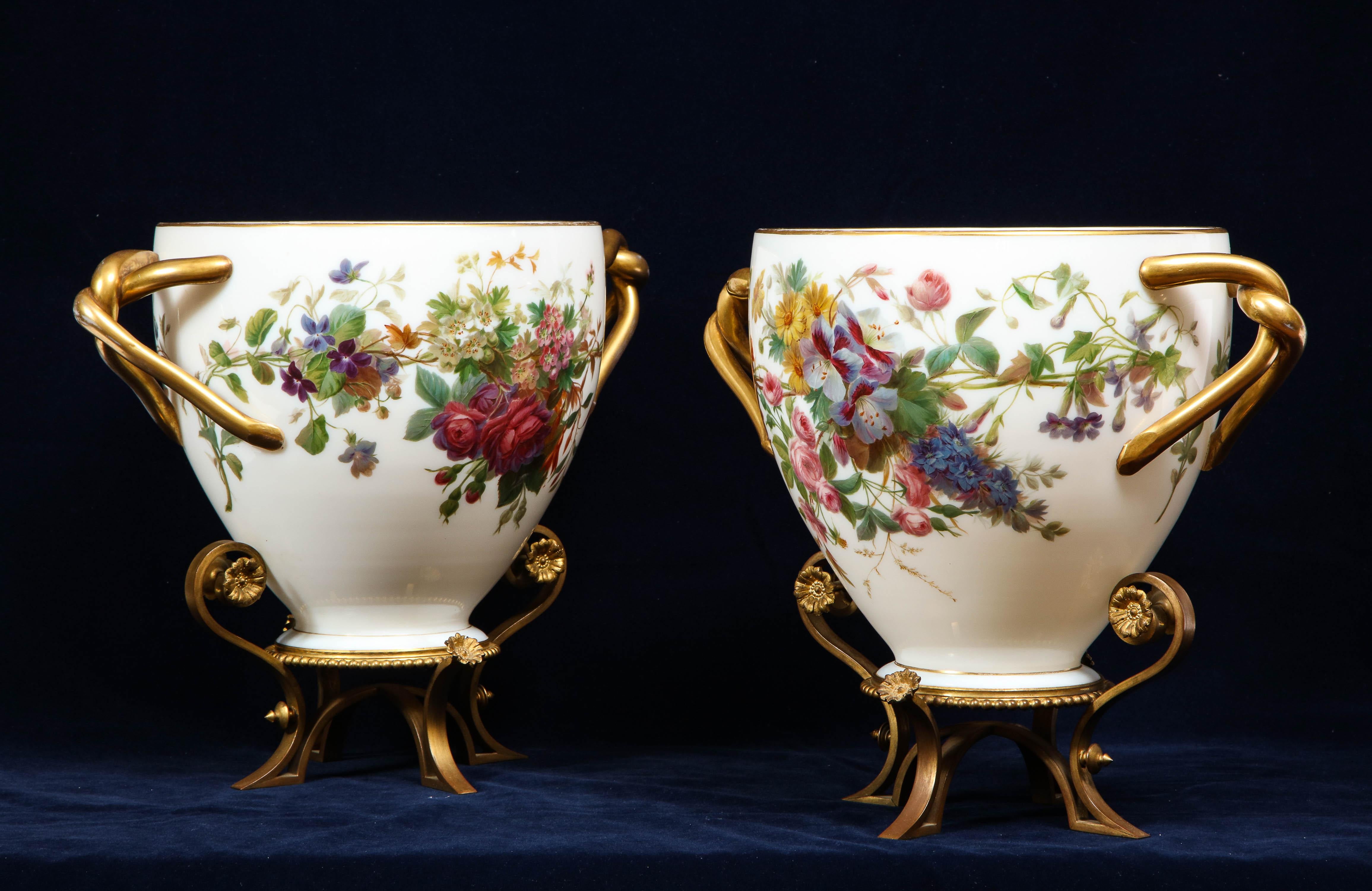 French Important Pair of Enamel Hand-Painted White Opaline Vases Signed by Baccarat For Sale