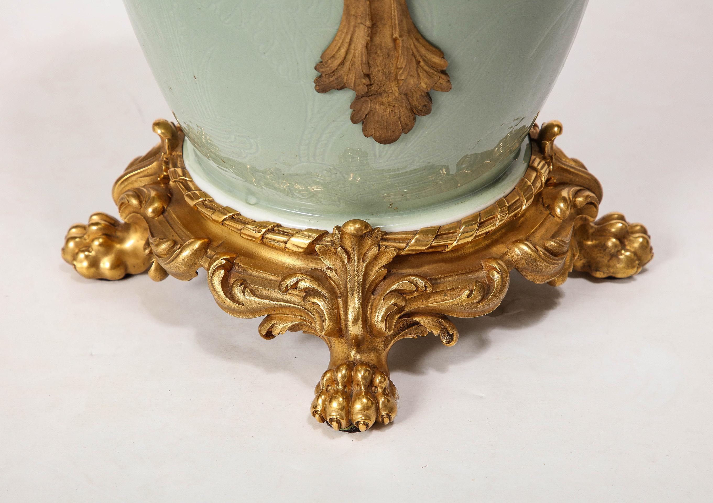 An Important Pair of French Ormolu-Mounted Chinese Celadon-Glazed Urns For Sale 4