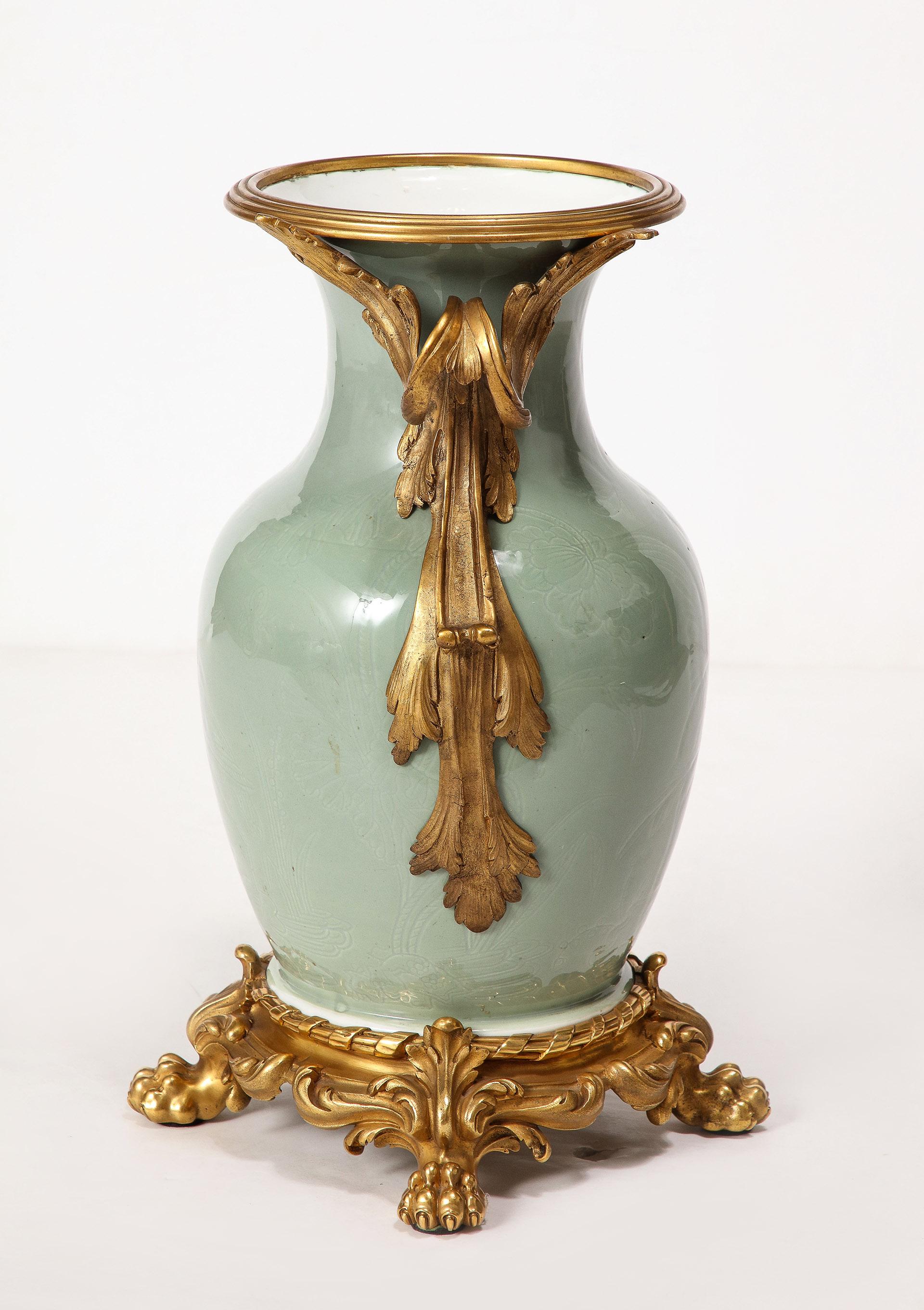 19th Century An Important Pair of French Ormolu-Mounted Chinese Celadon-Glazed Urns For Sale