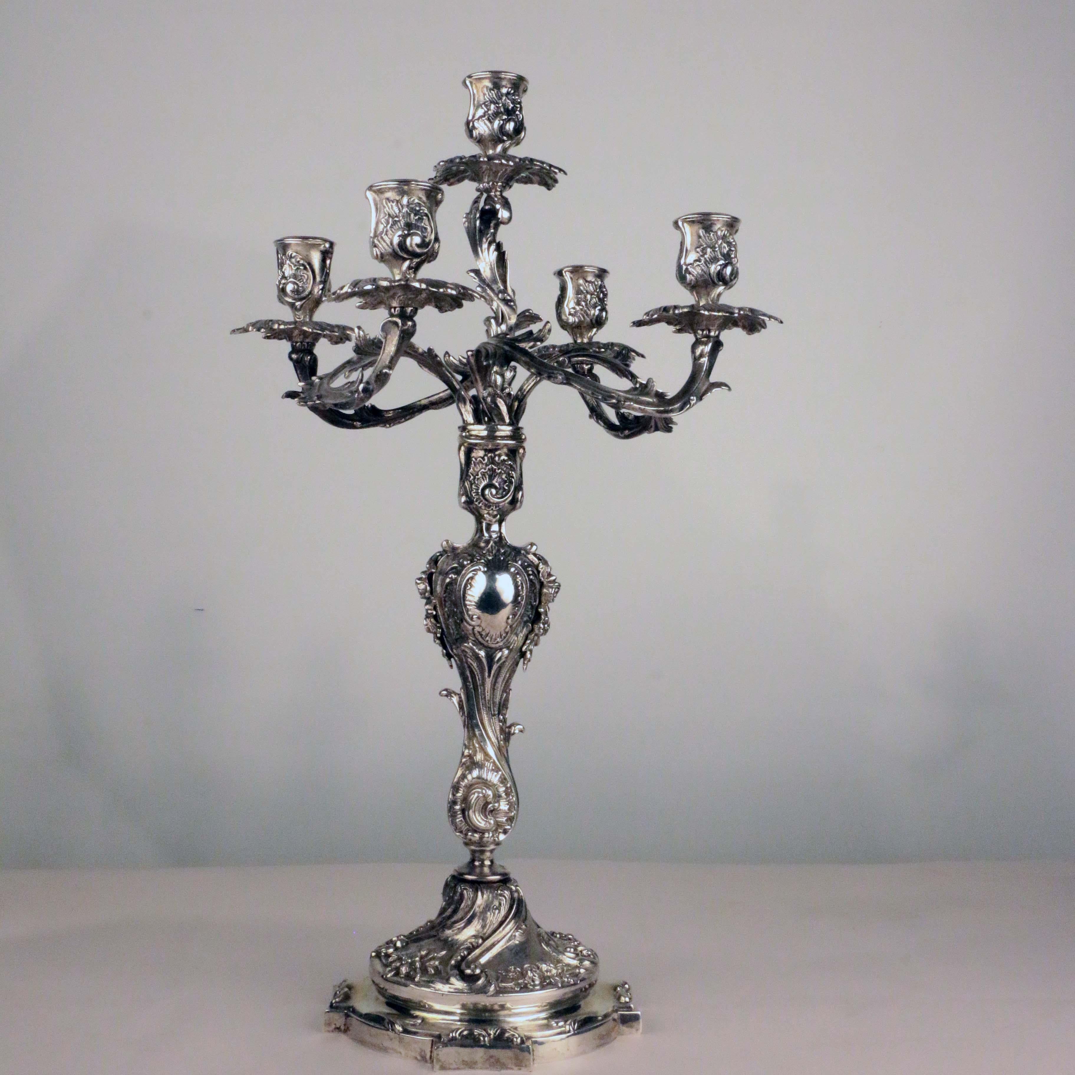 Canadian Important Pair of Louis XV Style Five-Light Silver Candelabra