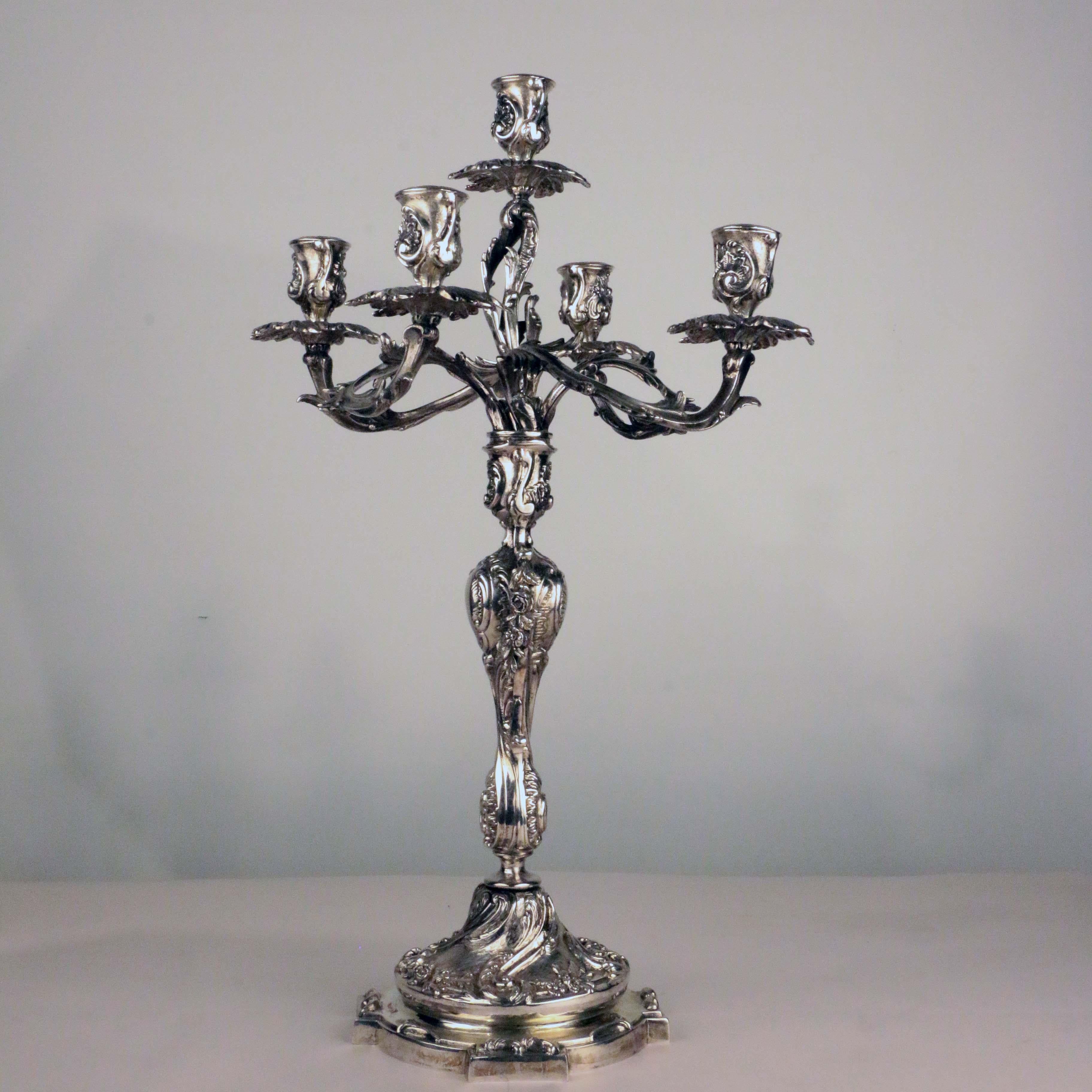Cast Important Pair of Louis XV Style Five-Light Silver Candelabra
