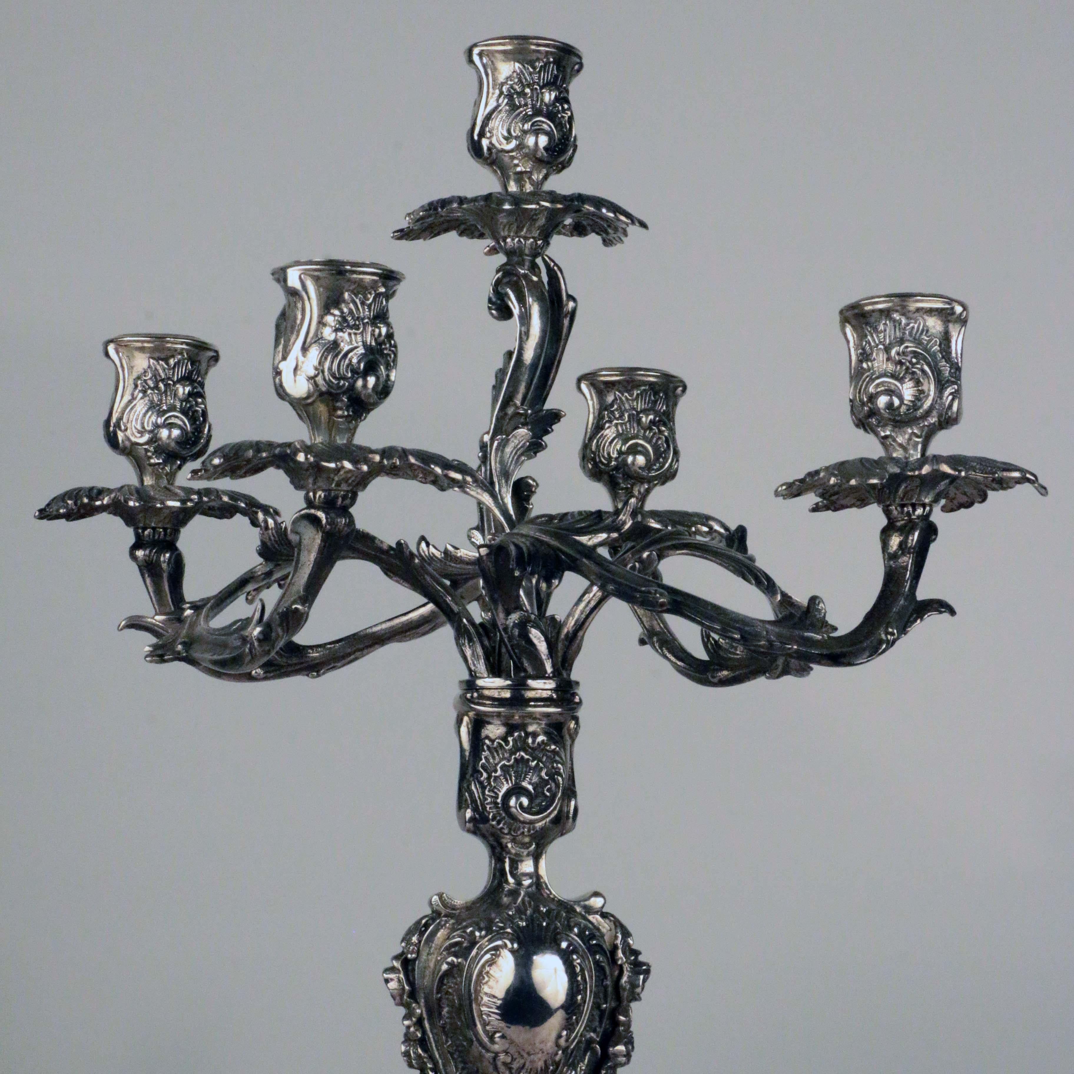 Important Pair of Louis XV Style Five-Light Silver Candelabra 3