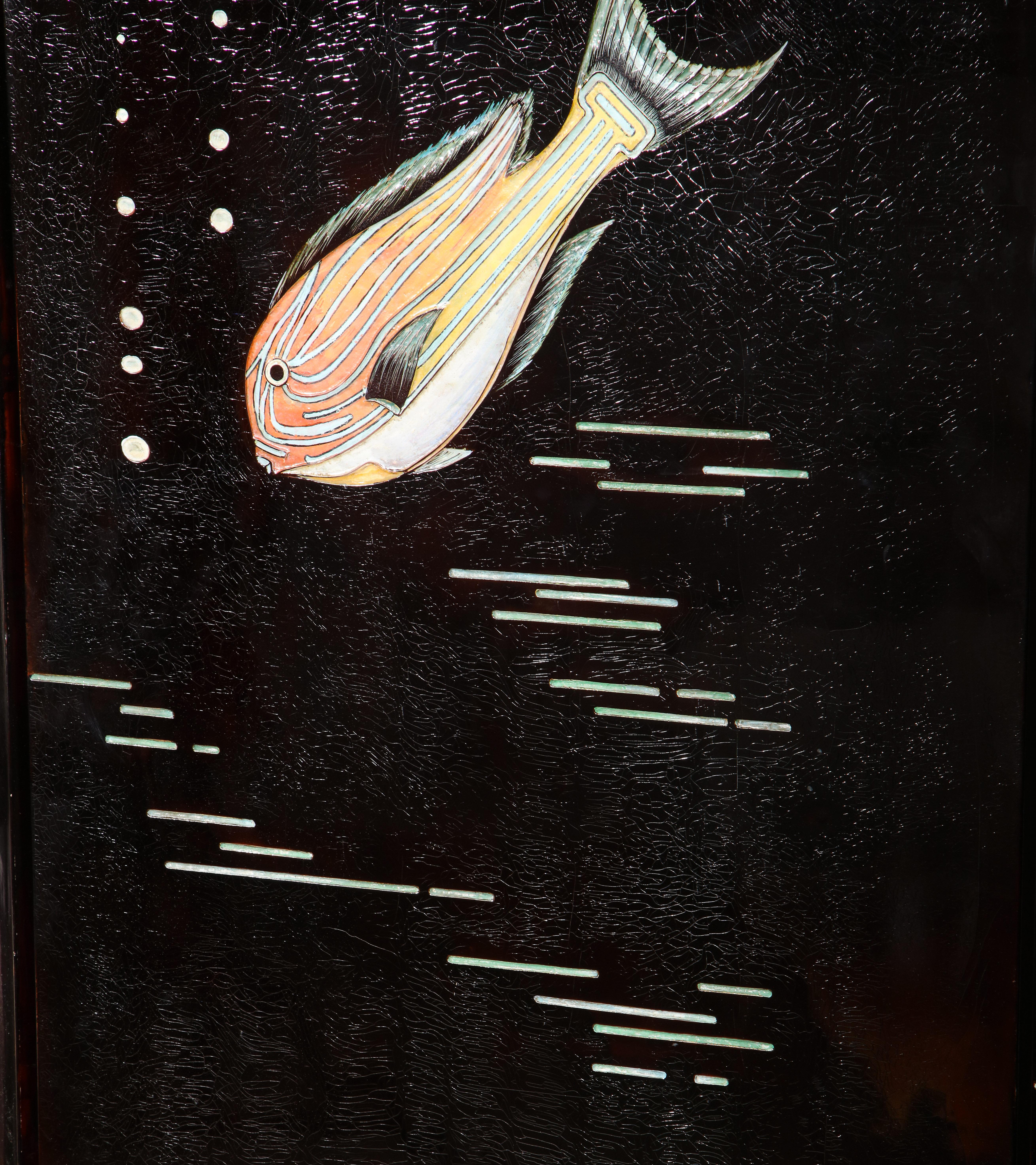 Important écran en laque « Poissons », de Leon Jallot 5