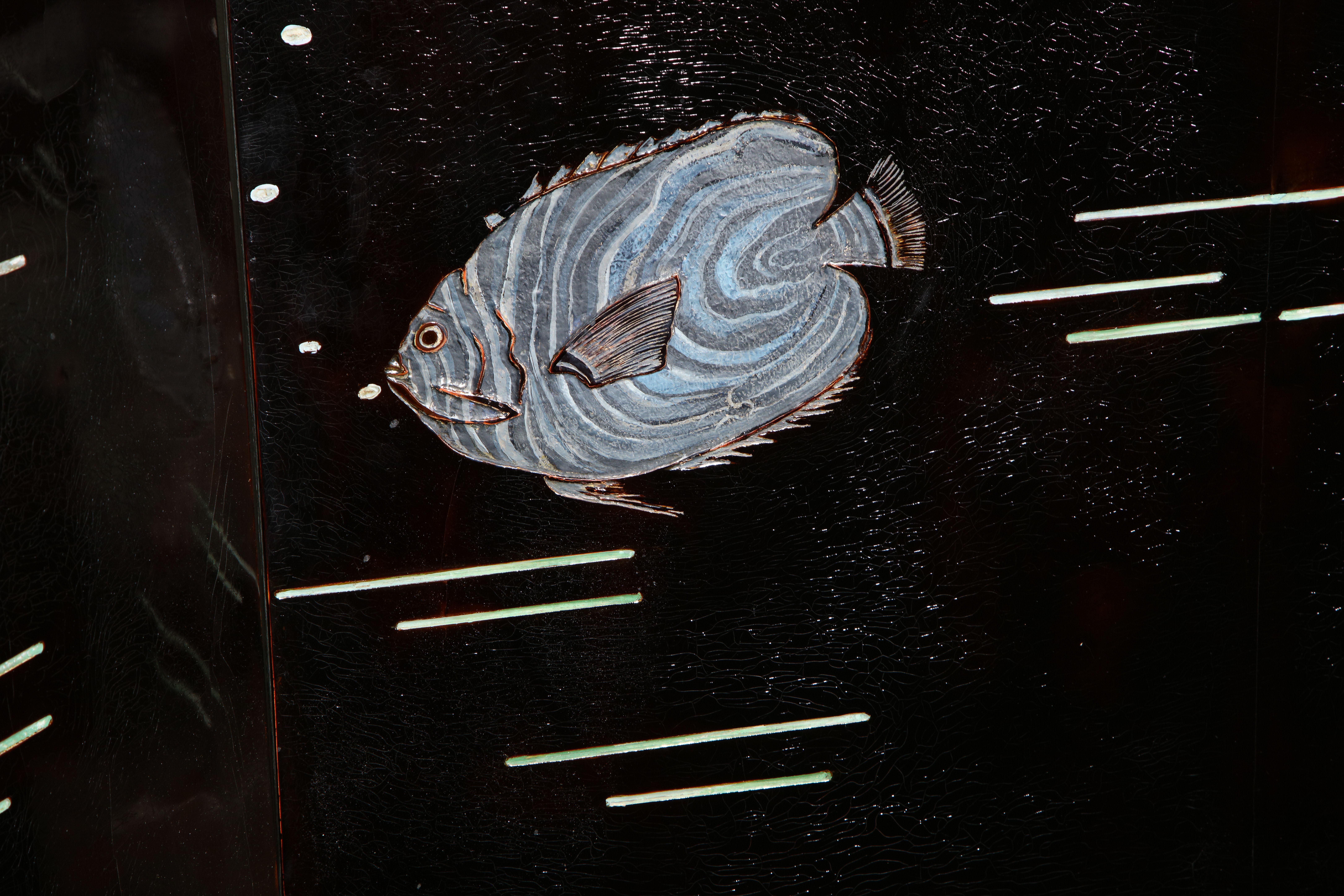 Important écran en laque « Poissons », de Leon Jallot 7