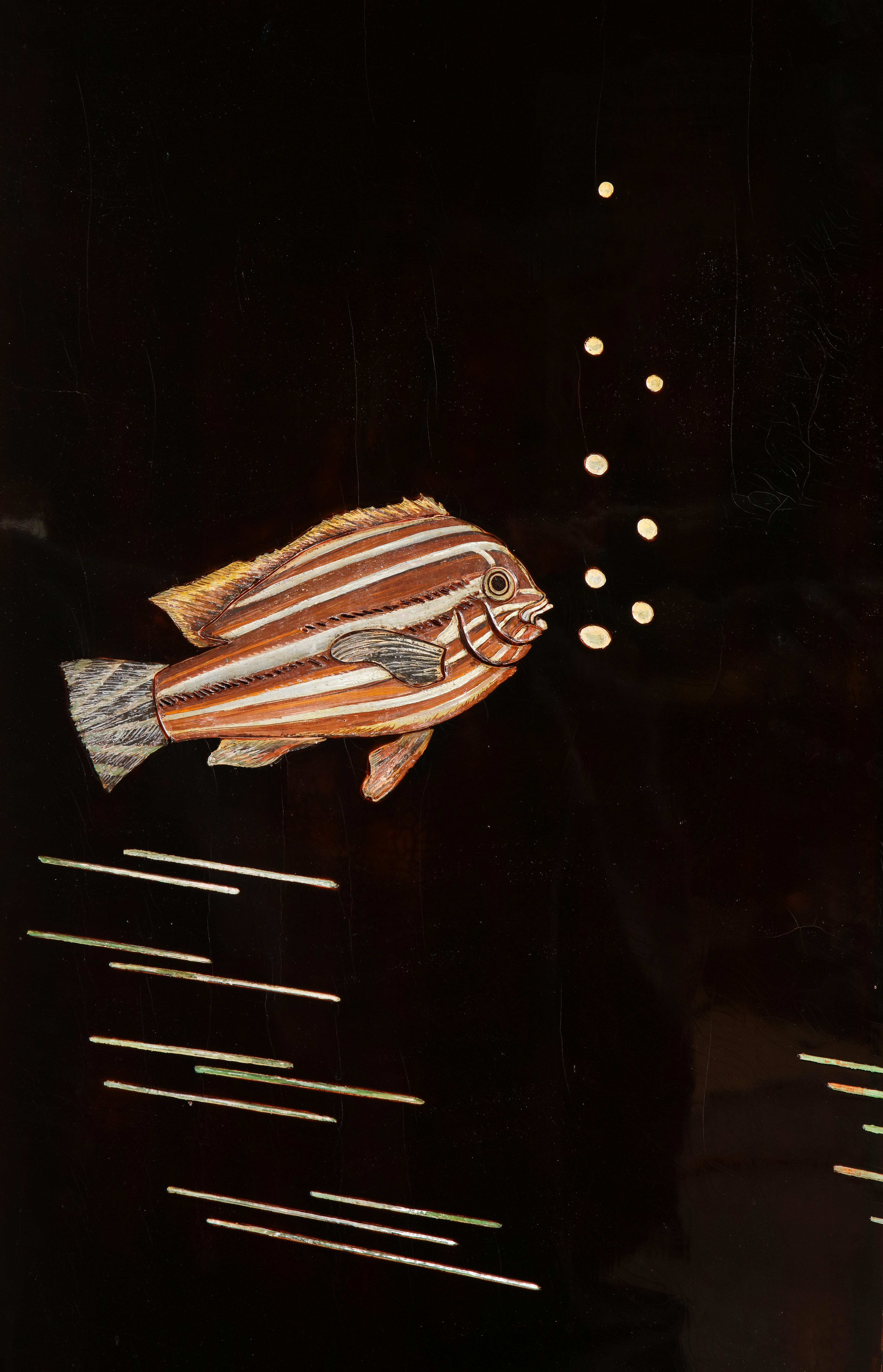 Art déco Important écran en laque « Poissons », de Leon Jallot